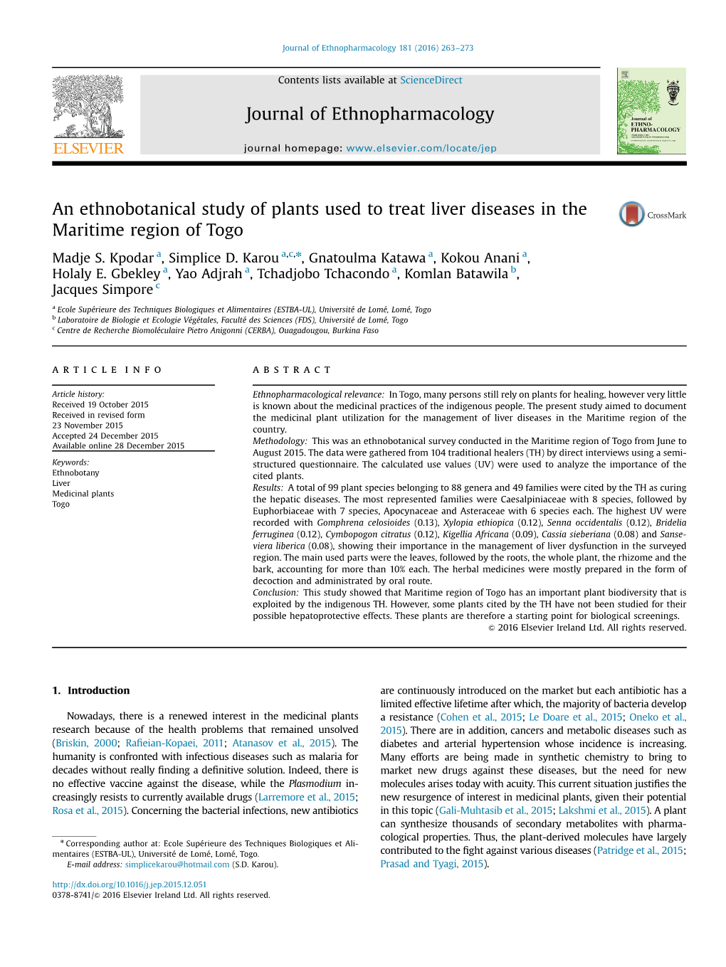 An Ethnobotanical Study of Plants Used to Treat Liver Diseases in the Maritime Region of Togo