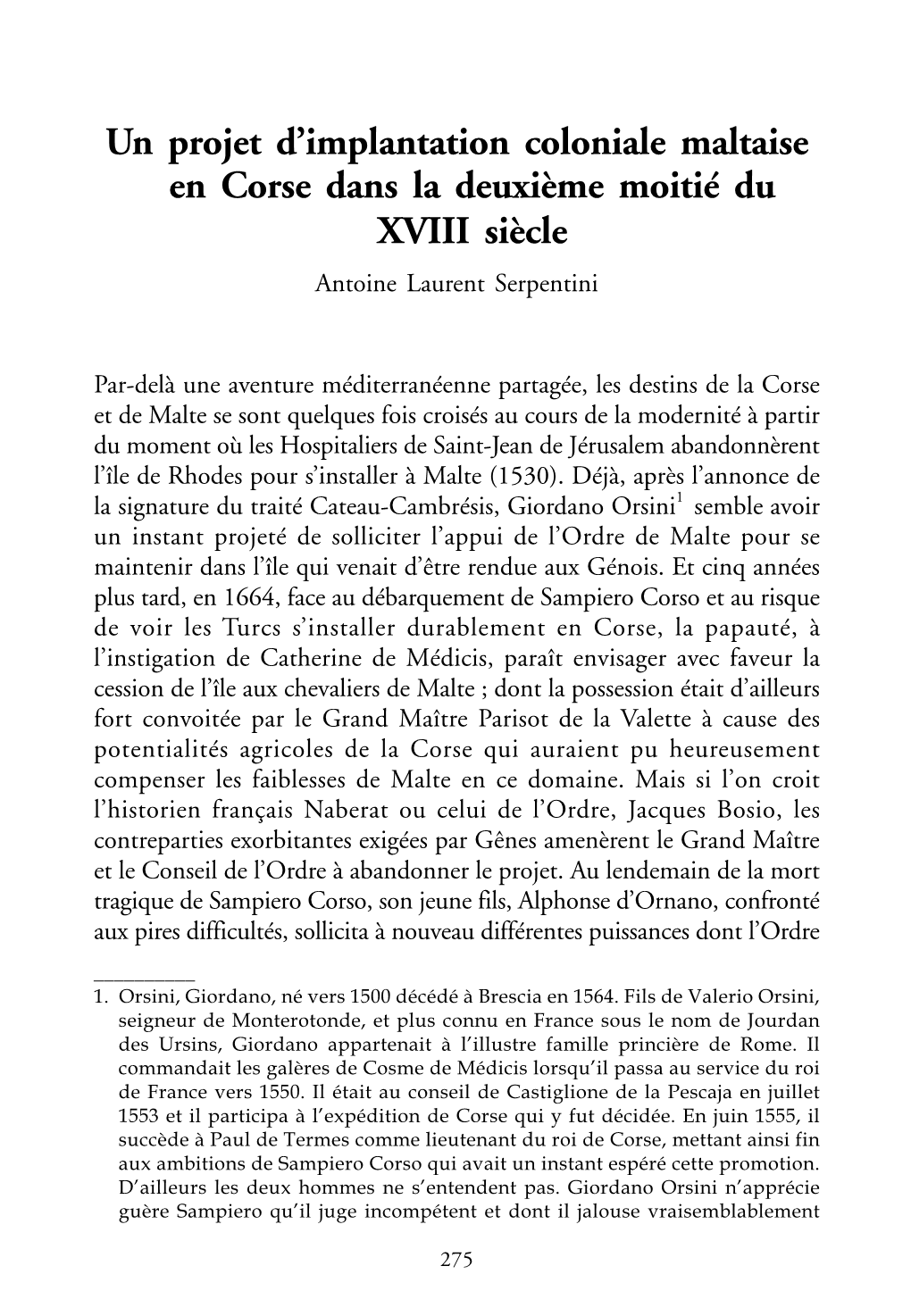 Un Projet D'implantation Coloniale Maltaise En Corse Dans La Deuxième Moitié Du XVIII Siècle