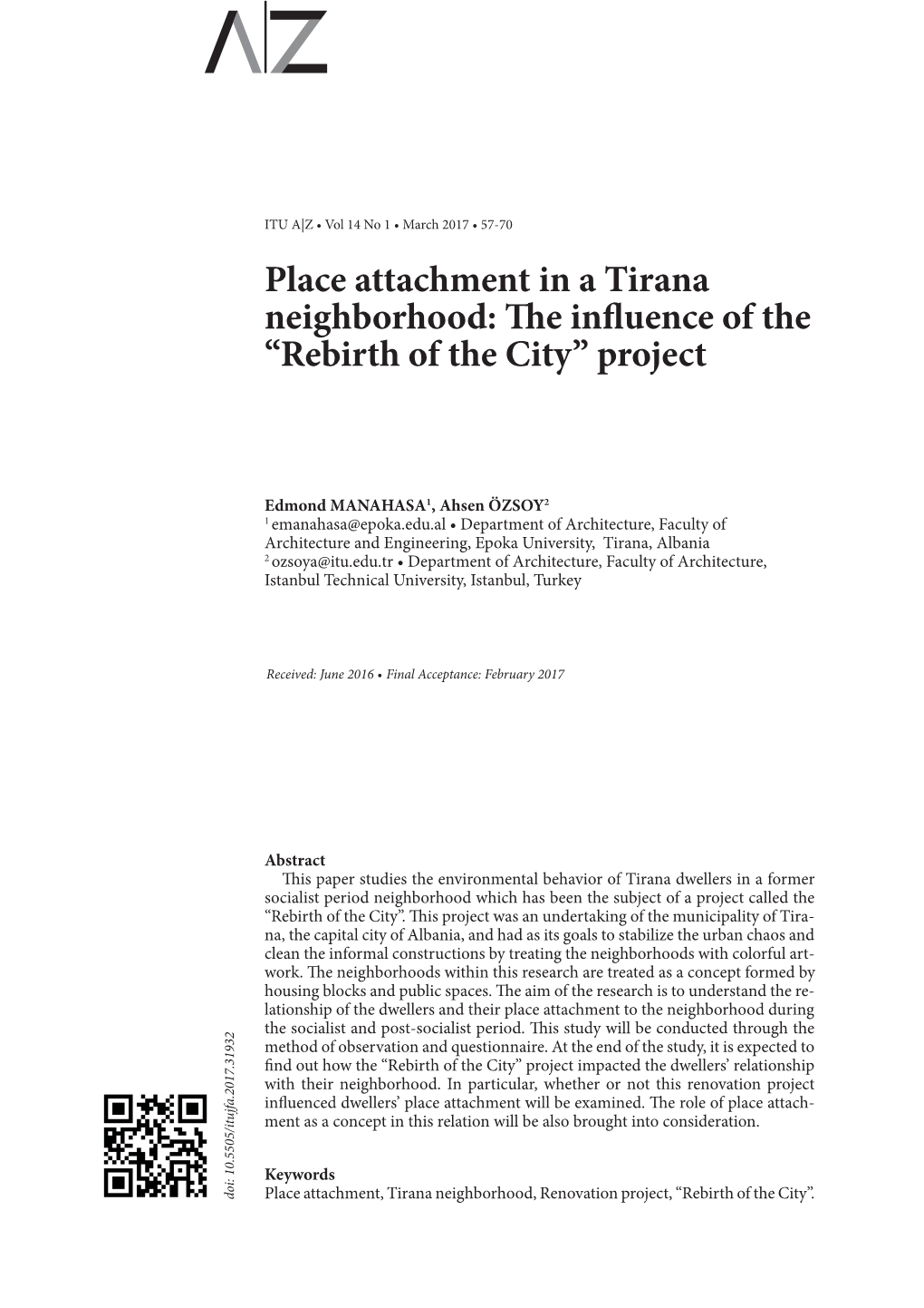 Place Attachment in a Tirana Neighborhood: the Influence of the “Rebirth of the City” Project