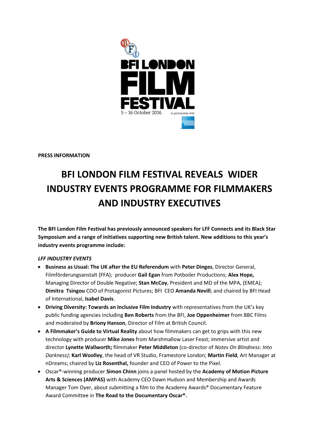 Bfi London Film Festival Reveals Wider Industry Events Programme for Filmmakers and Industry Executives