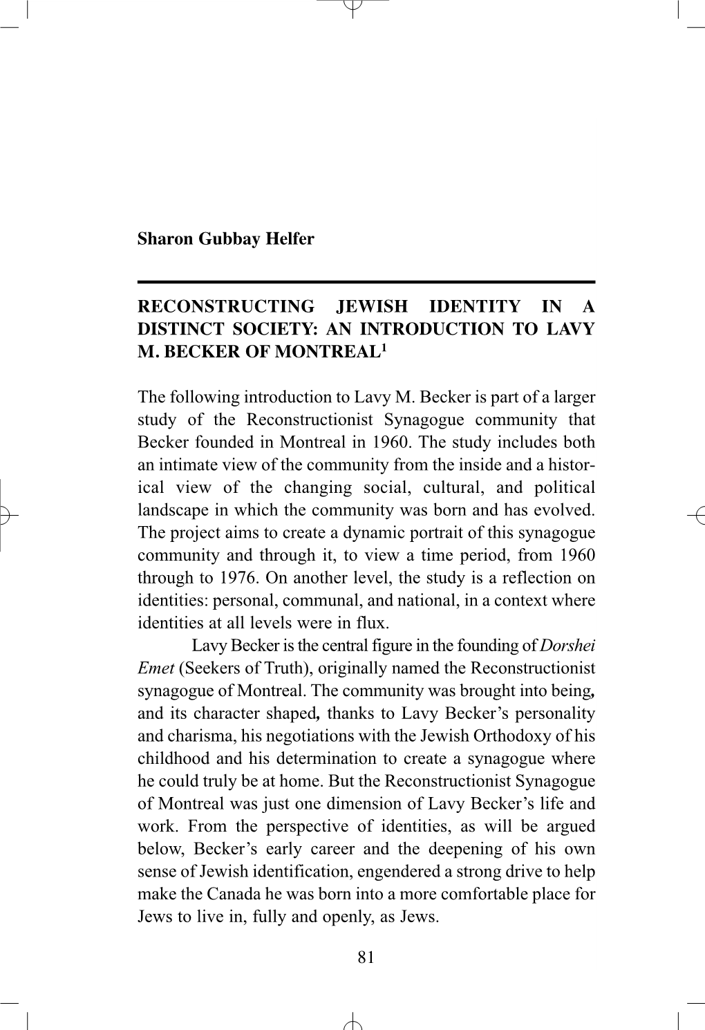 Sharon Gubbay Helfer RECONSTRUCTING JEWISH