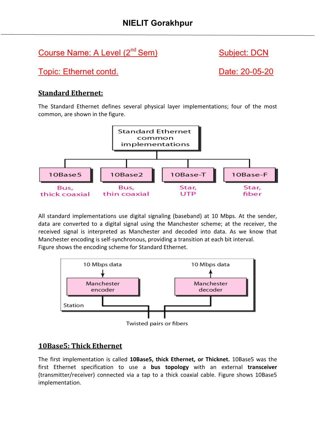 A Level (2Nd Sem) Subject: DCN Topic: Ethernet Contd. Date