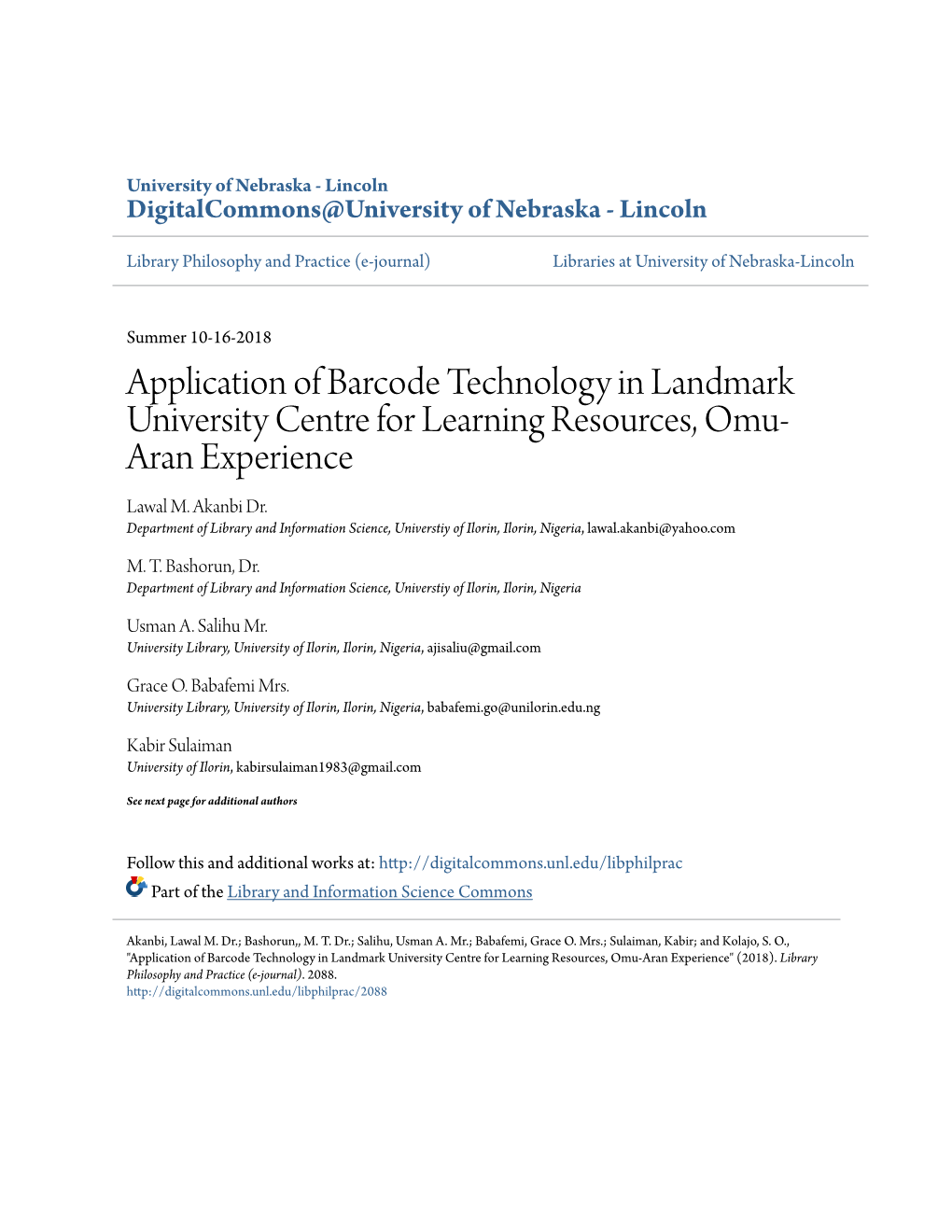 Application of Barcode Technology in Landmark University Centre for Learning Resources, Omu- Aran Experience Lawal M