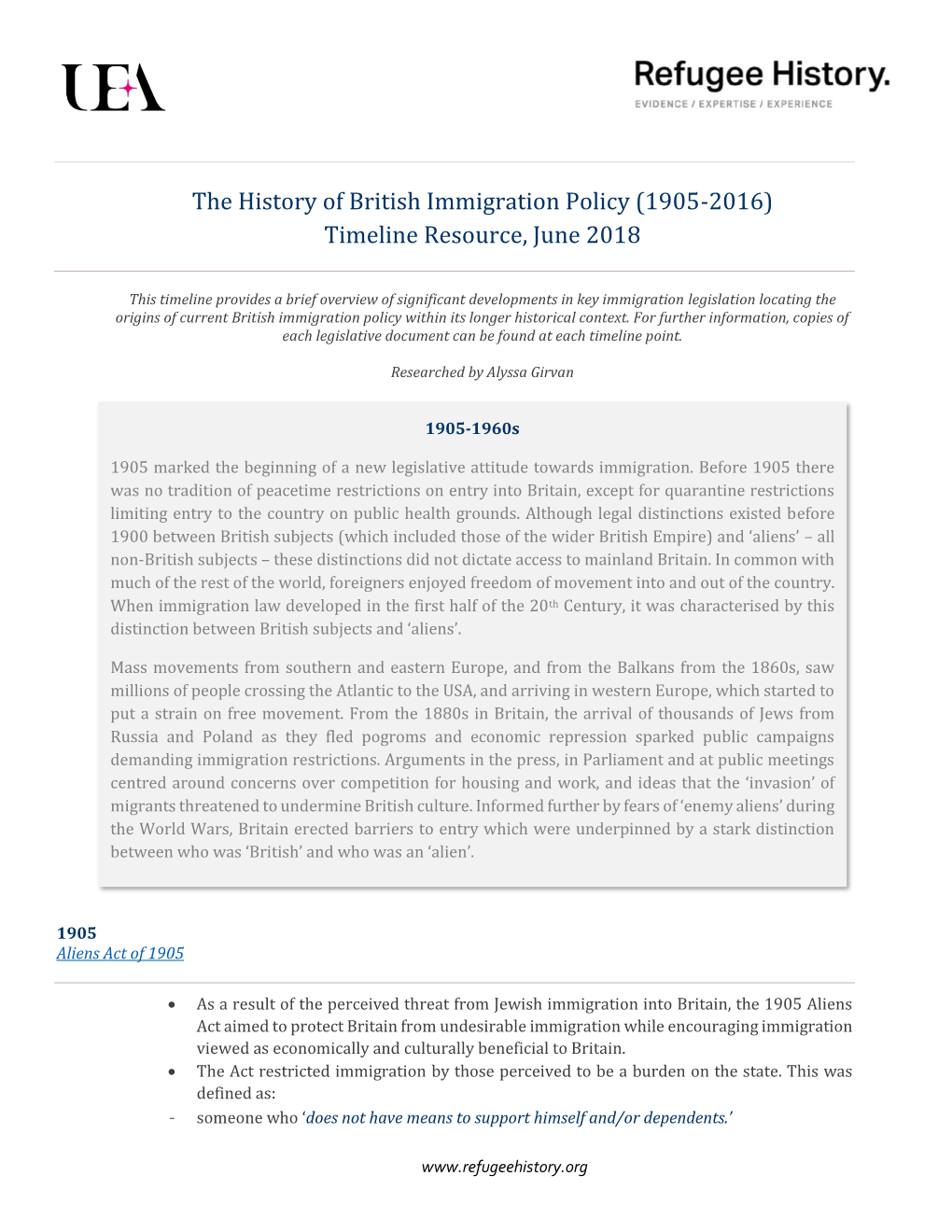 The History of British Immigration Policy (1905-2016) Timeline Resource, June 2018