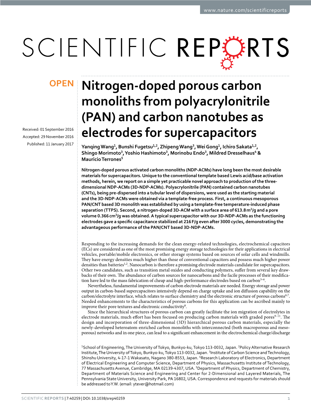 Nitrogen-Doped Porous Carbon Monoliths From