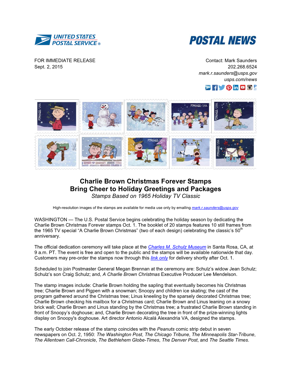 Charlie Brown Christmas Forever Stamps Bring Cheer to Holiday Greetings and Packages Stamps Based on 1965 Holiday TV Classic