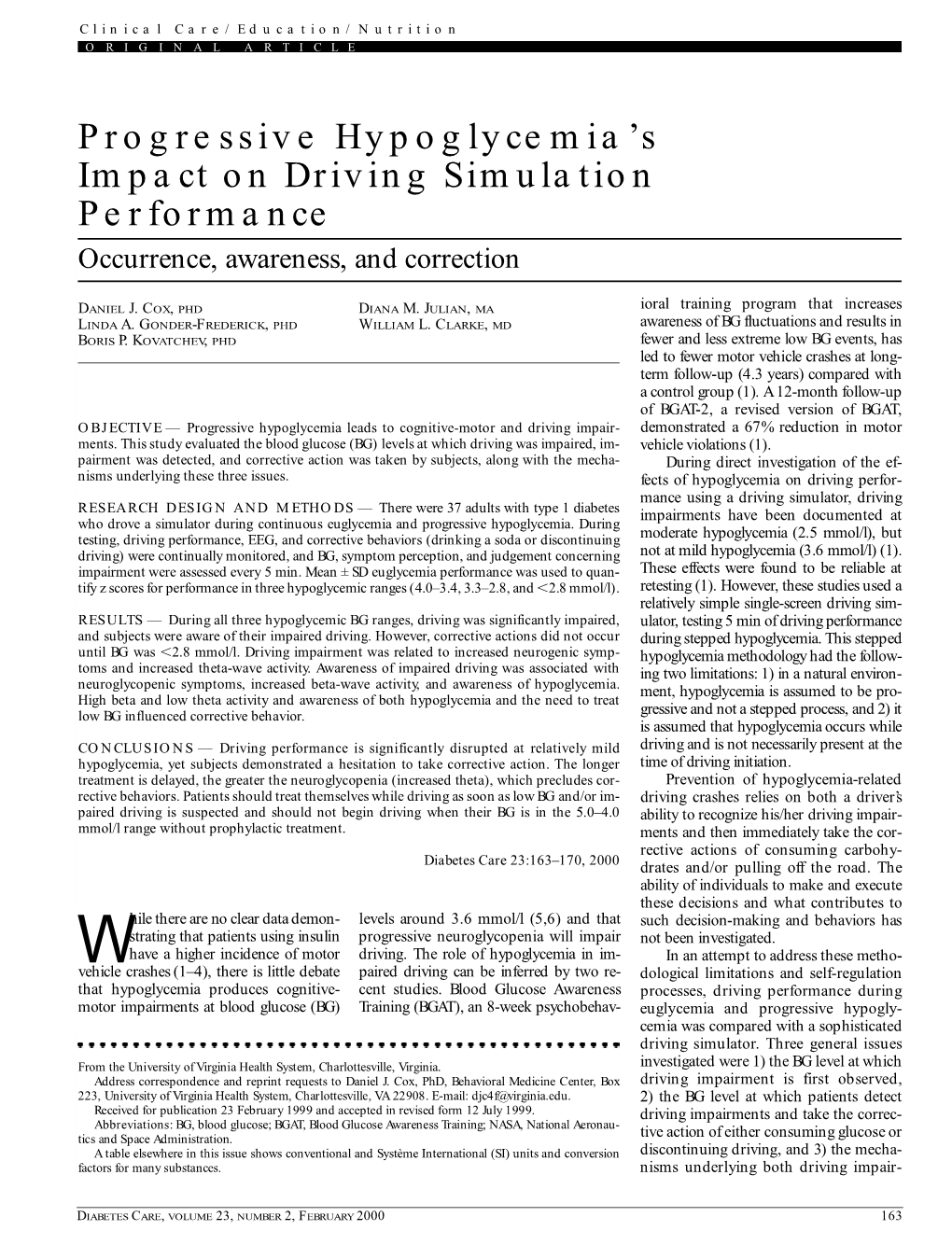 P Ro G Ressive Hypoglycemia's Impact on Driving Simulation P Erf O Rm