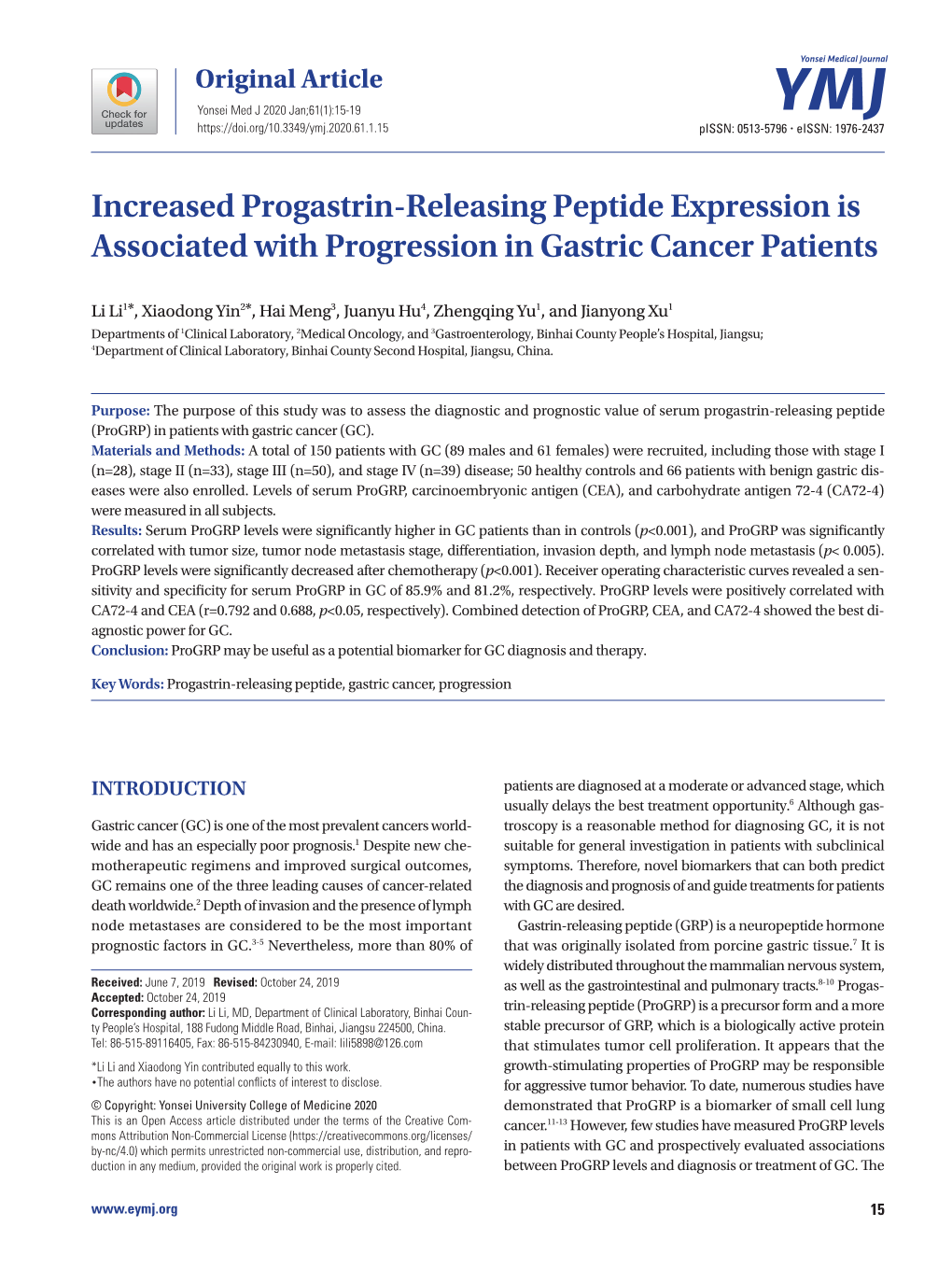 Increased Progastrin-Releasing Peptide Expression Is Associated with Progression in Gastric Cancer Patients