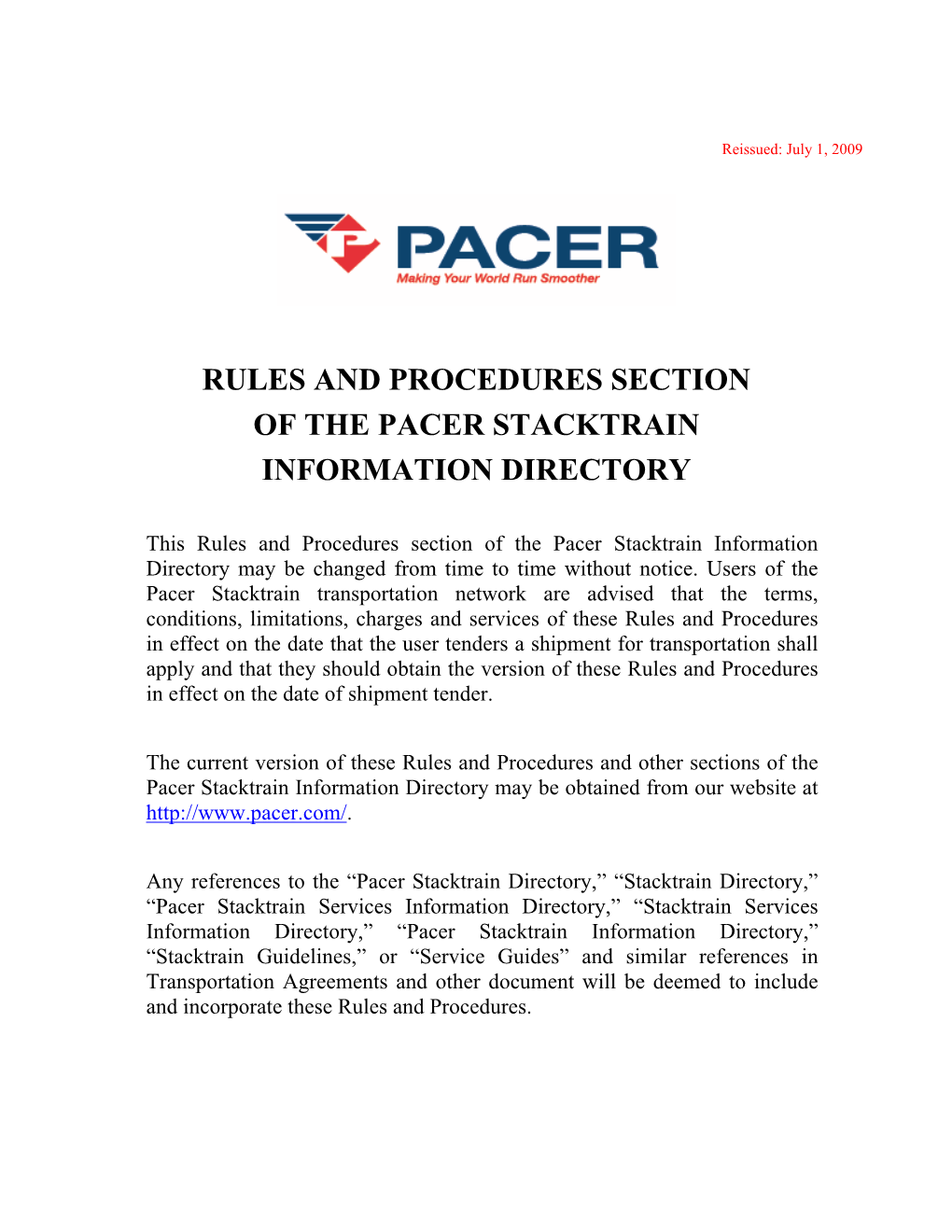 Rules and Procedures Section of the Pacer Stacktrain Information Directory