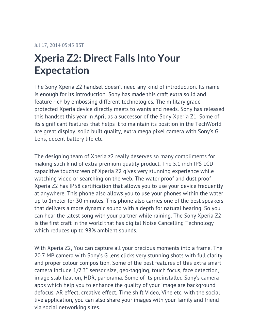 Xperia Z2: Direct Falls Into Your Expectation