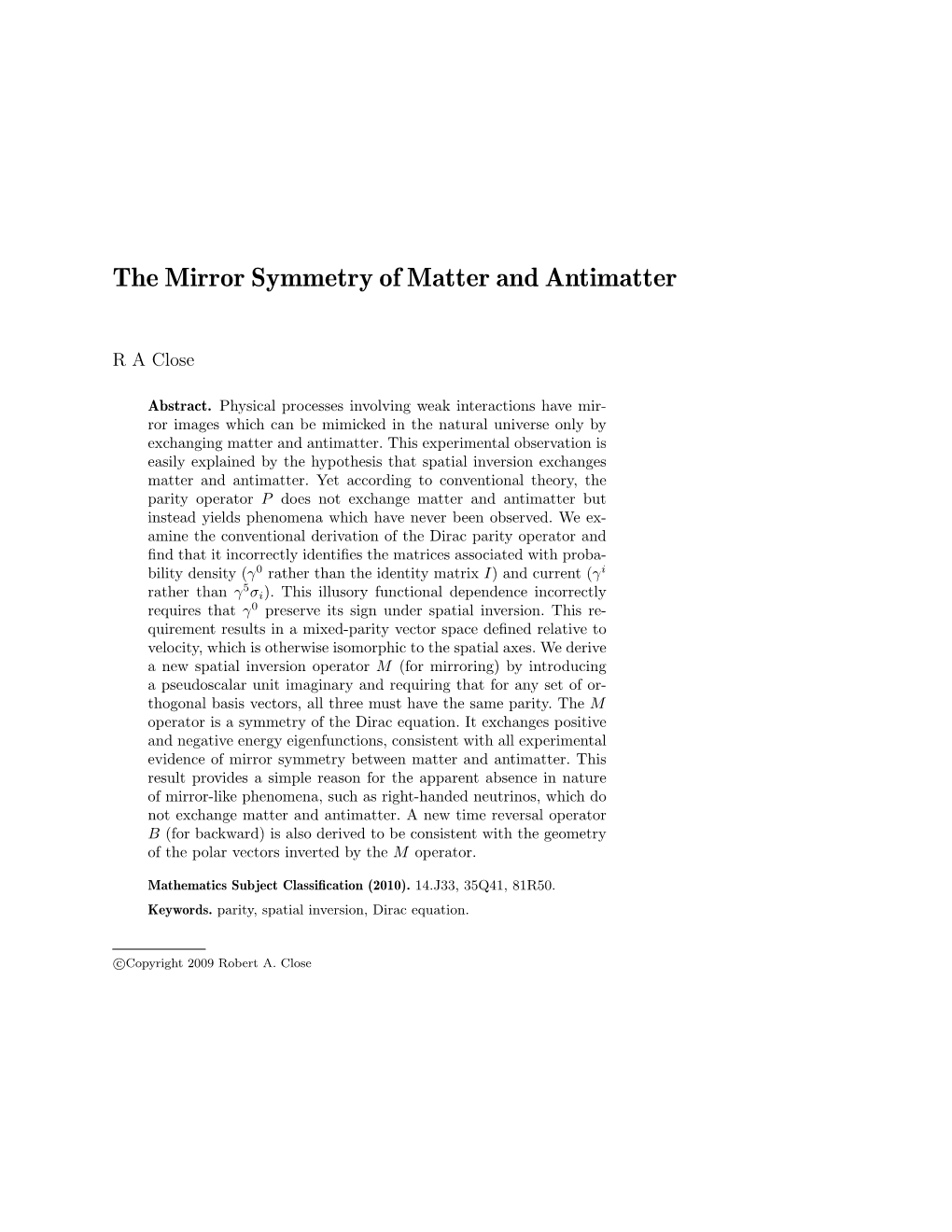 The Mirror Symmetry of Matter and Antimatter