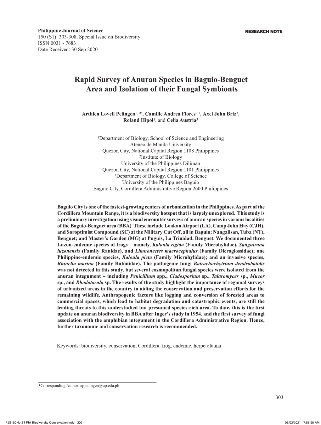 Rapid Survey of Anuran Species in Baguio-Benguet Area and Isolation of Their Fungal Symbionts