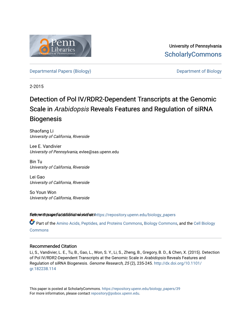 Detection of Pol IV/RDR2-Dependent Transcripts at the Genomic Scale in Arabidopsis Reveals Features and Regulation of Sirna Biogenesis