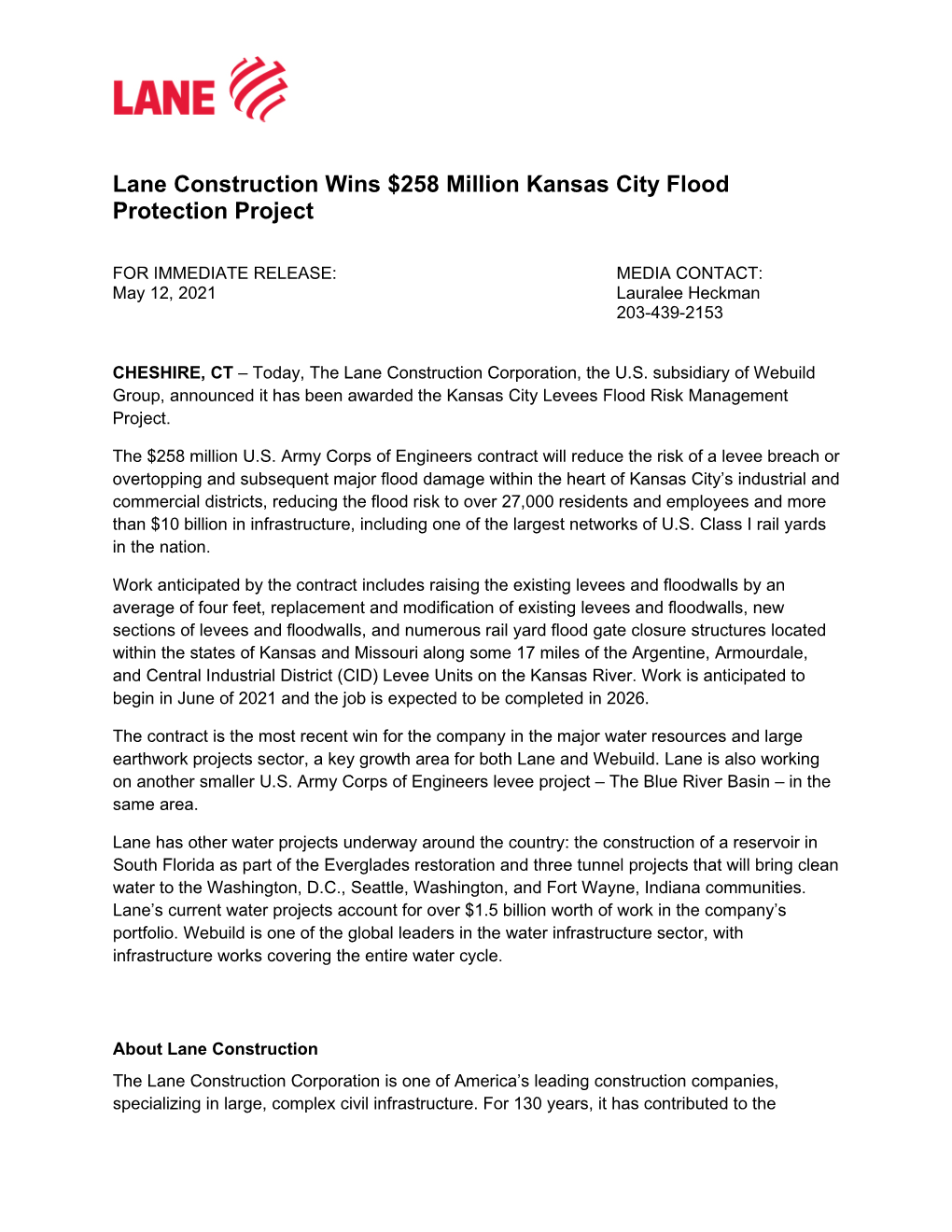 Lane Construction Wins $258 Million Kansas City Flood Protection Project