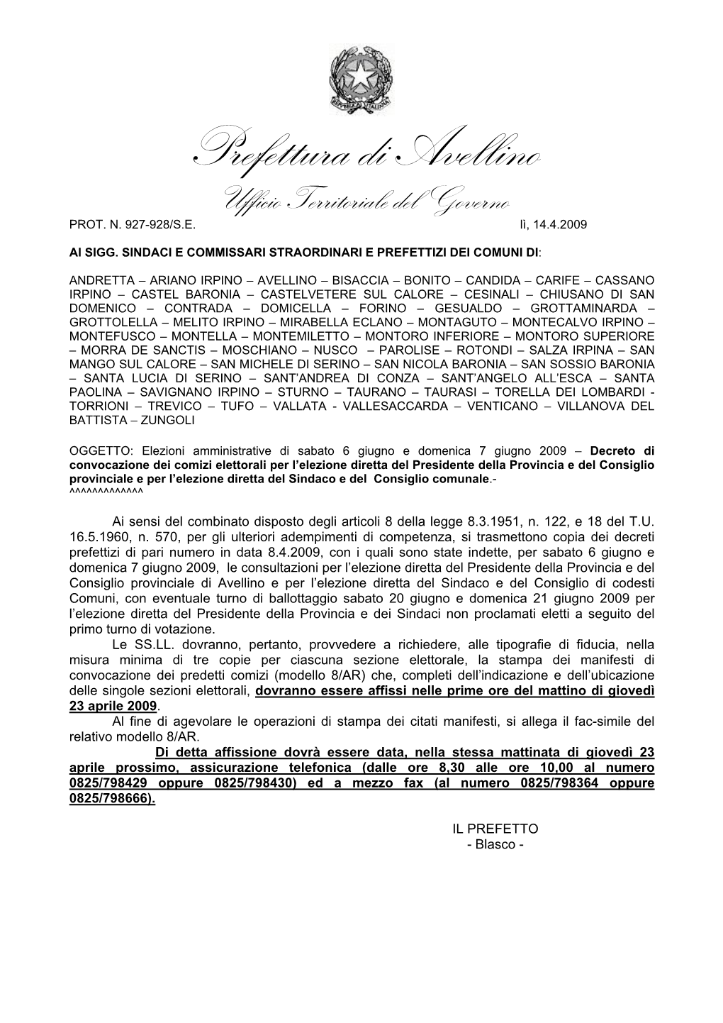 Prefettura Di Avellino Ufficio Territoriale Del Governo PROT