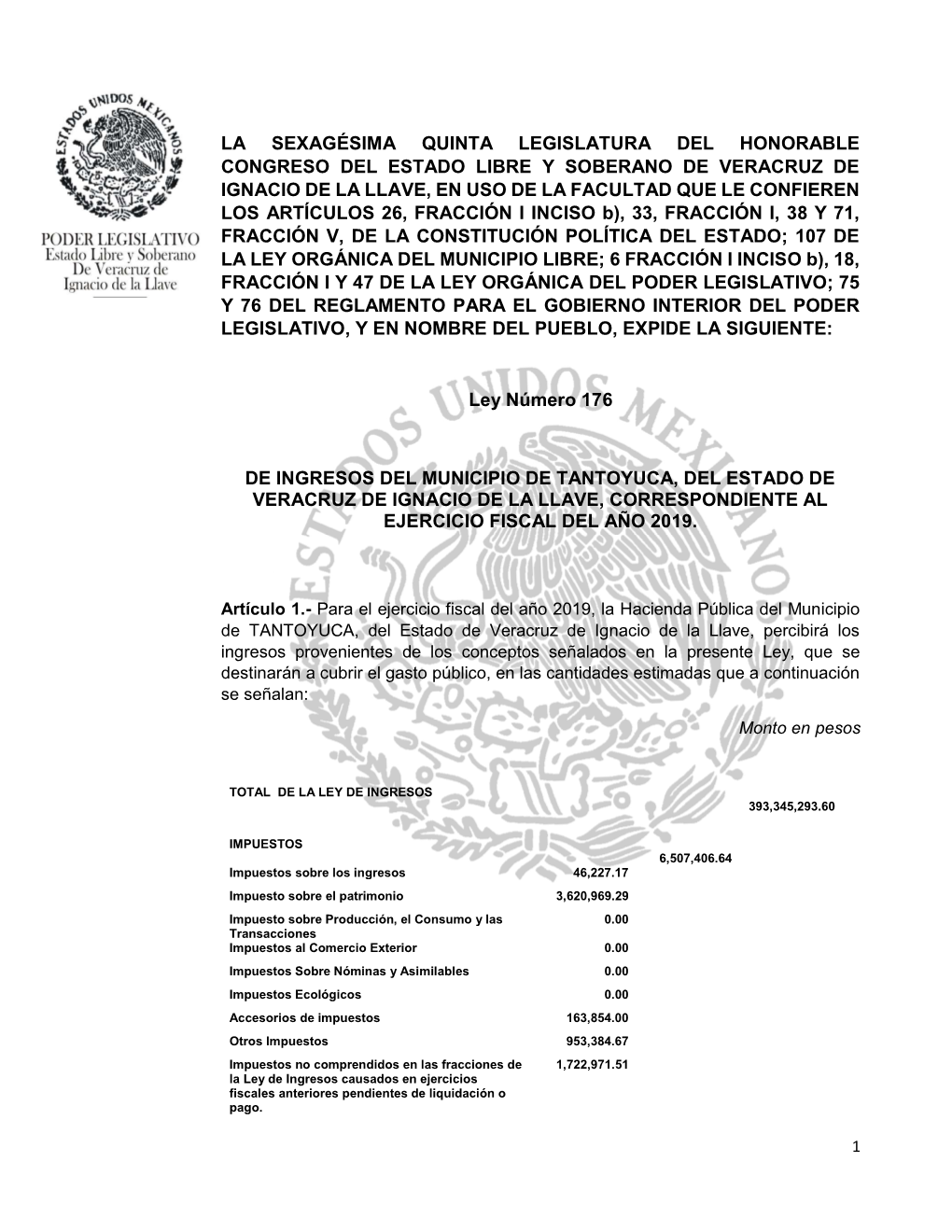 Tantoyuca, Del Estado De Veracruz De Ignacio De La Llave, Correspondiente Al Ejercicio Fiscal Del Año 2019