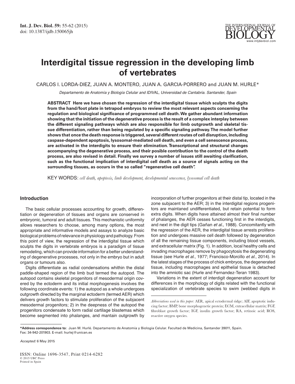 Interdigital Tissue Regression in the Developing Limb of Vertebrates CARLOS I