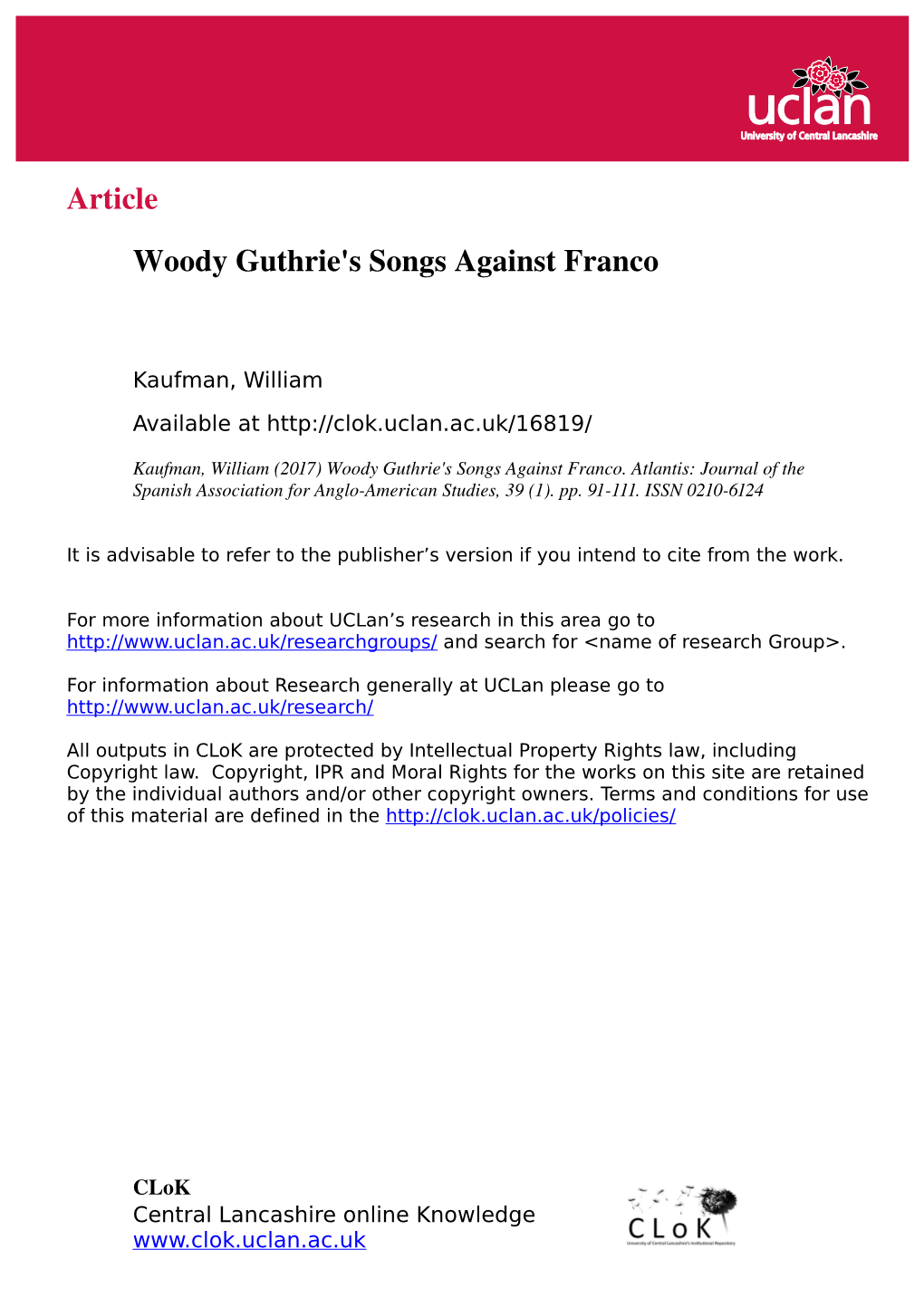Article Woody Guthrie's Songs Against Franco