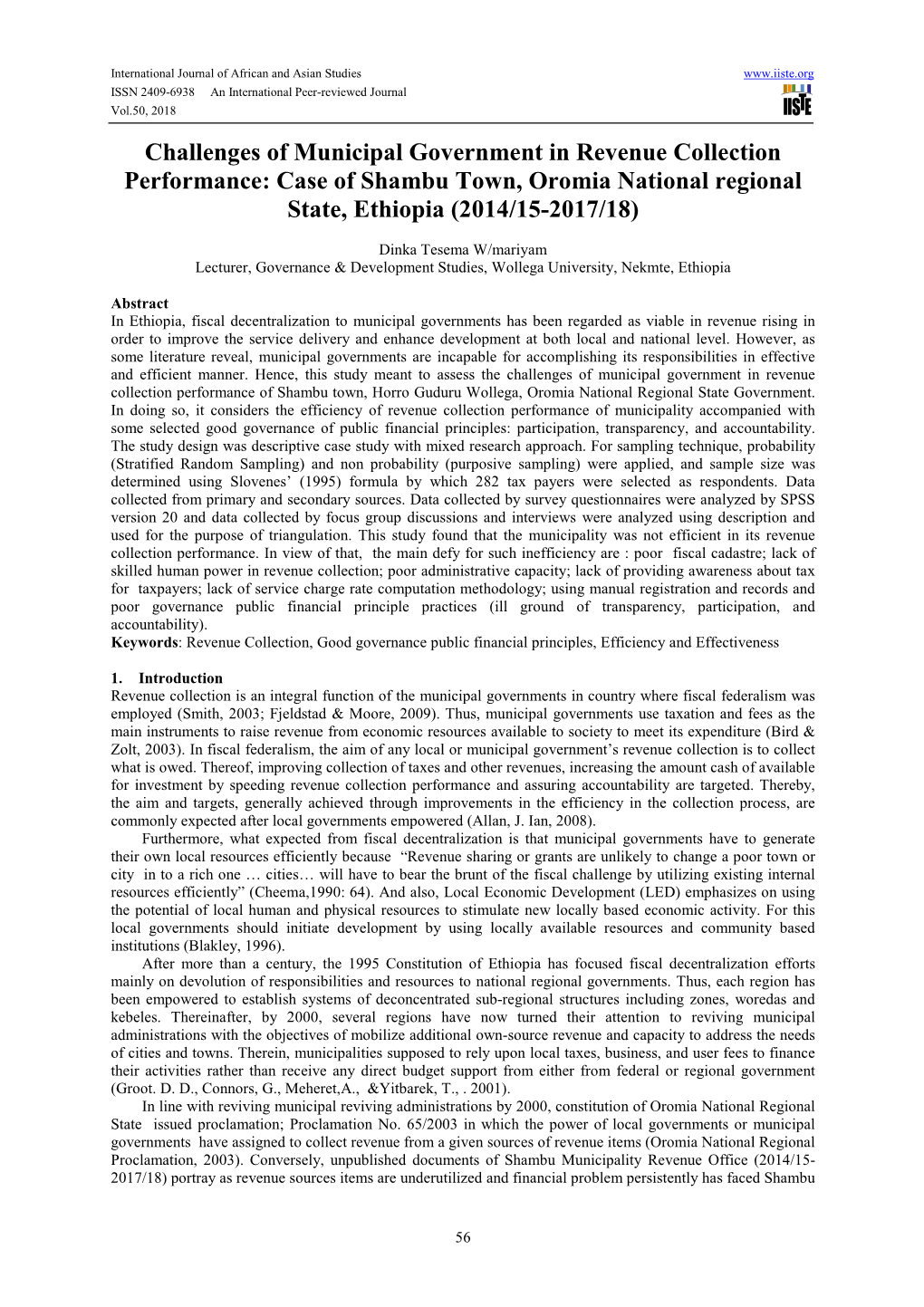 Challenges of Municipal Government in Revenue Collection Performance: Case of Shambu Town, Oromia National Regional State, Ethiopia (2014/15-2017/18)