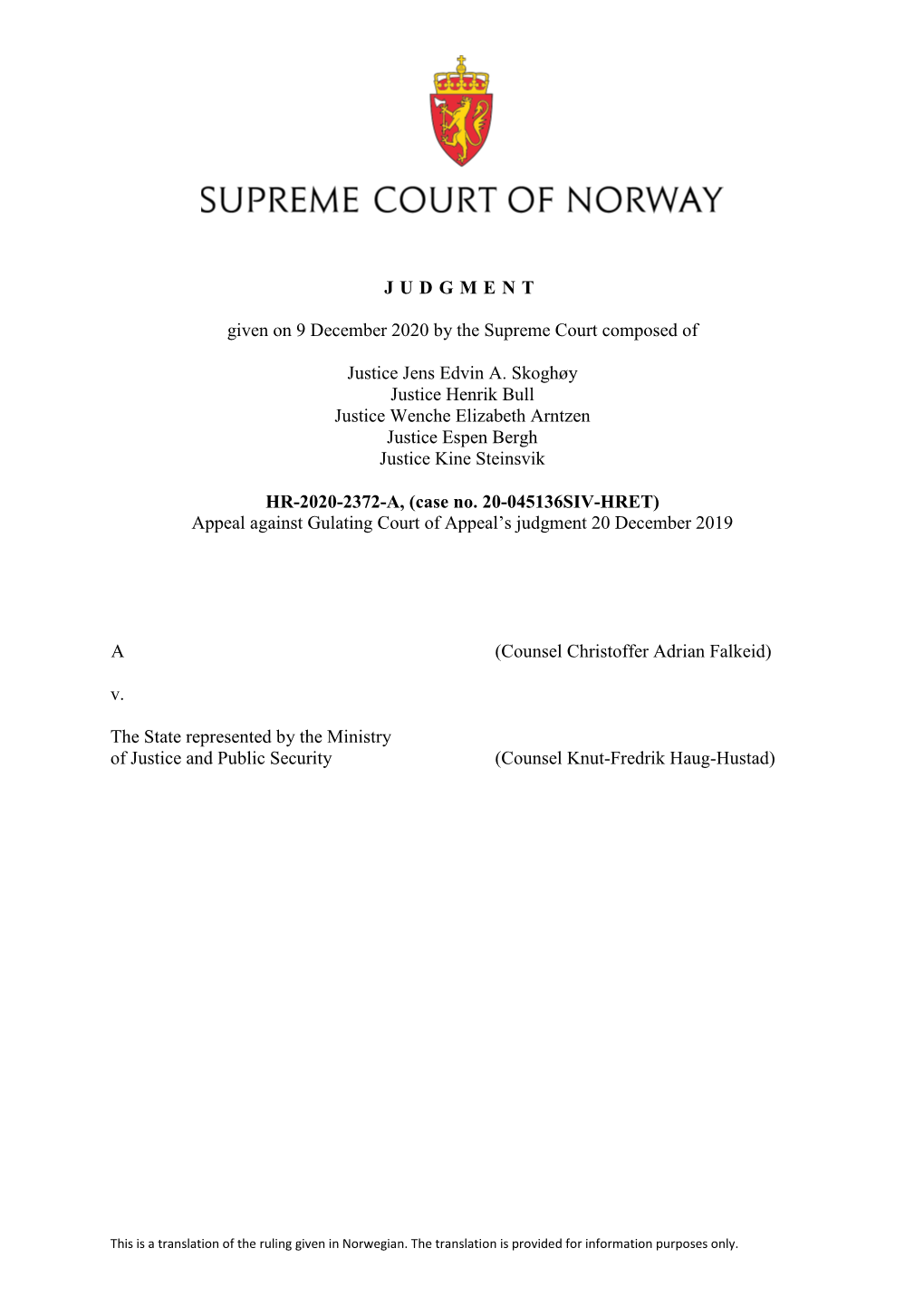 JUDGMENT Given on 9 December 2020 by the Supreme Court