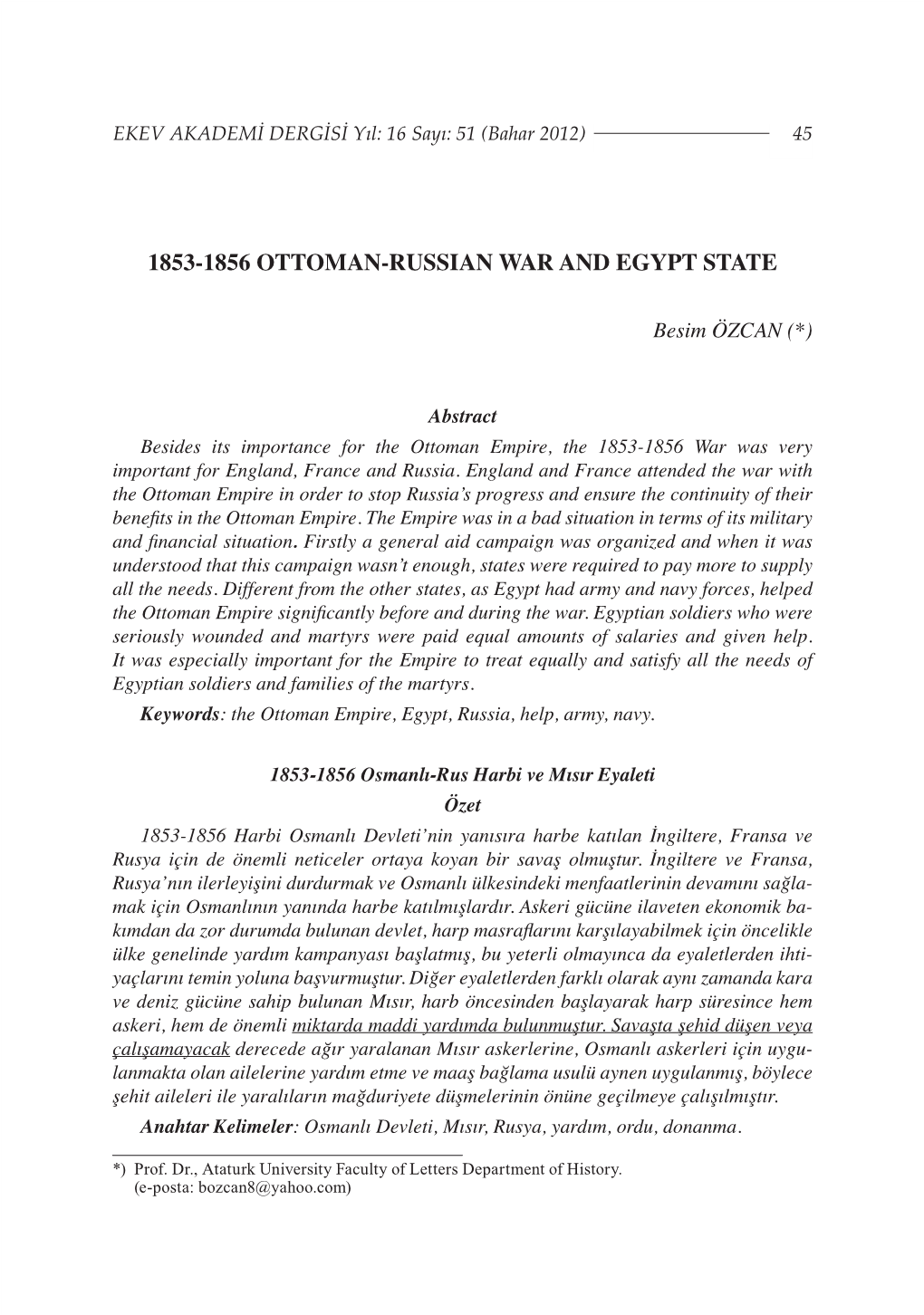 1853-1856 Ottoman-Russian War and Egypt State