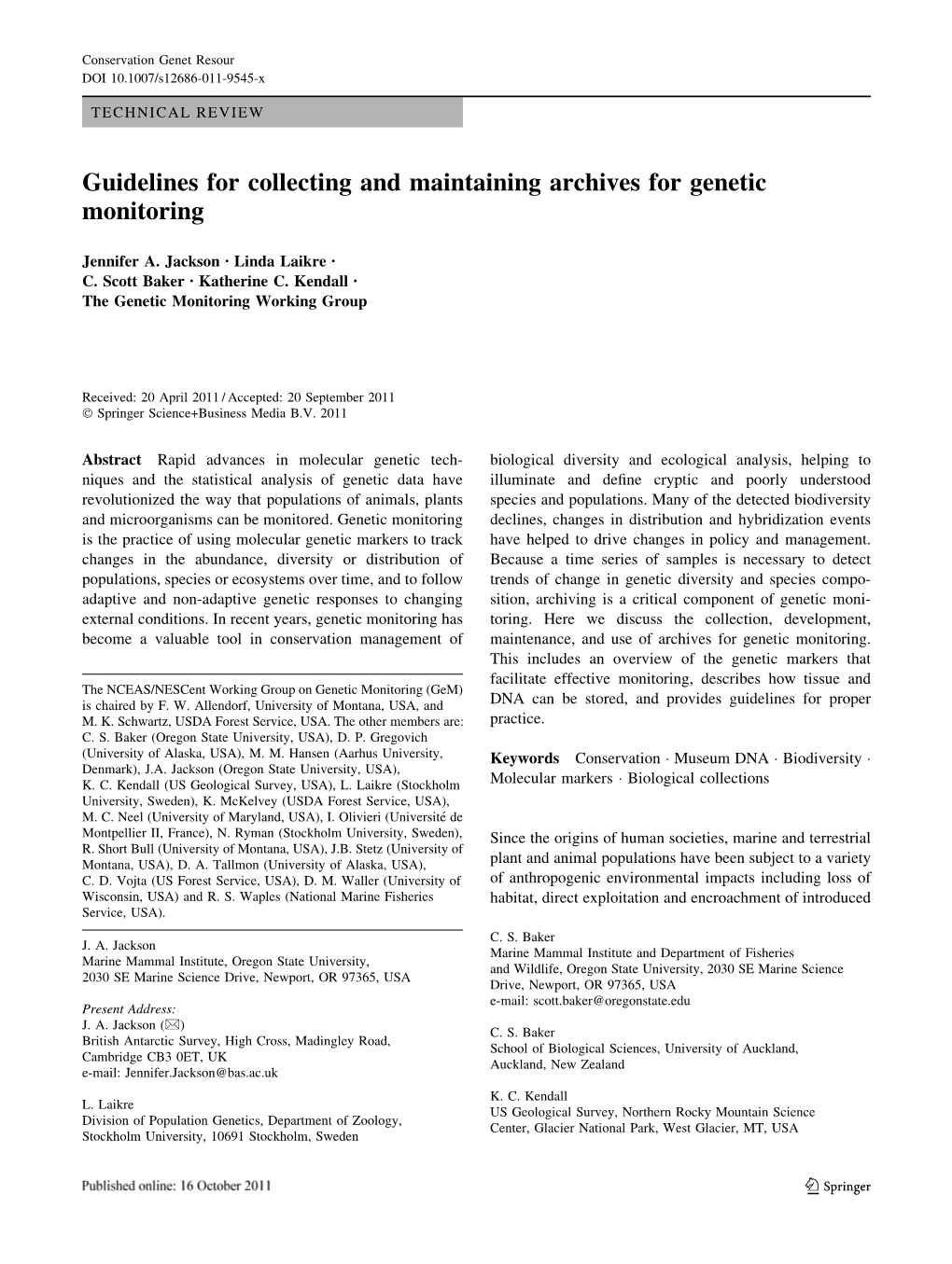 Guidelines for Collecting and Maintaining Archives for Genetic Monitoring