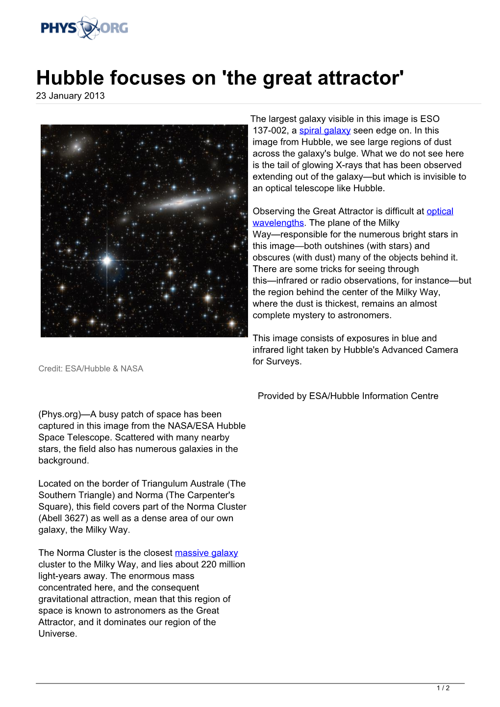 Hubble Focuses on 'The Great Attractor' 23 January 2013