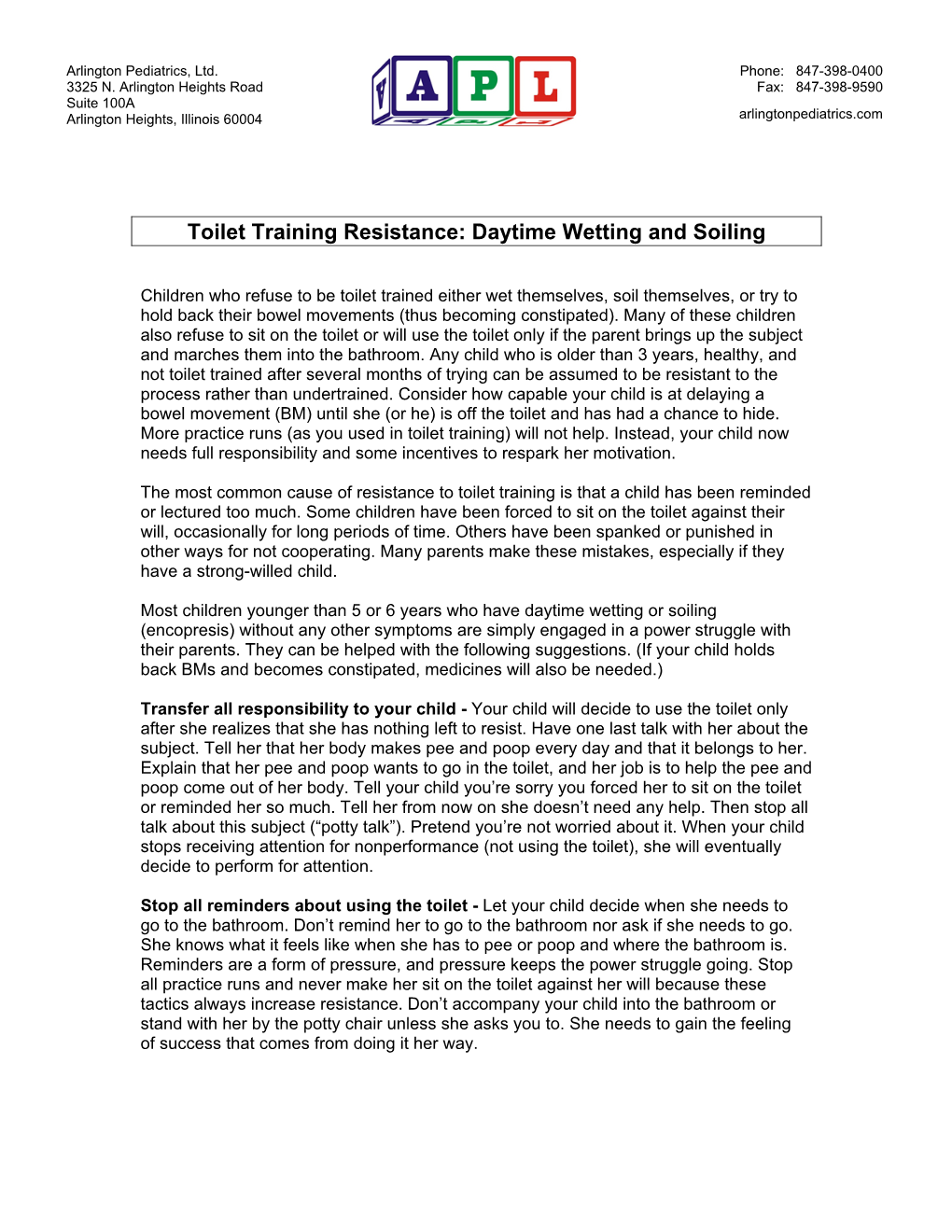 Toilet Training Resistance – Daytime Wetting and Soiling