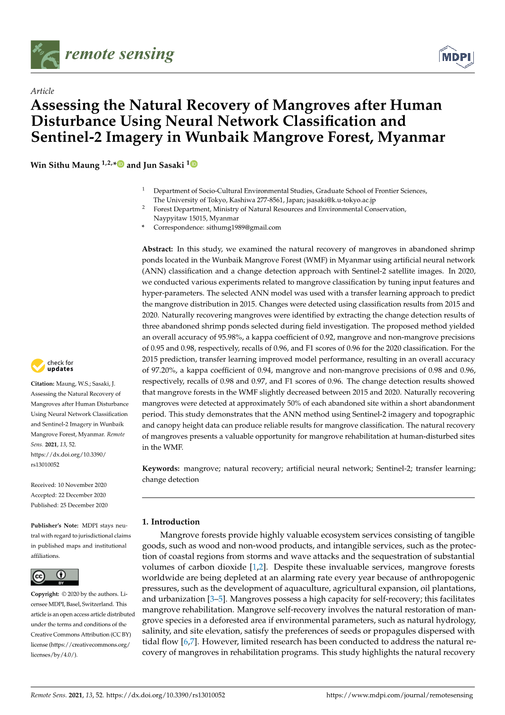 Assessing the Natural Recovery of Mangroves After Human Disturbance Using Neural Network Classiﬁcation and Sentinel-2 Imagery in Wunbaik Mangrove Forest, Myanmar