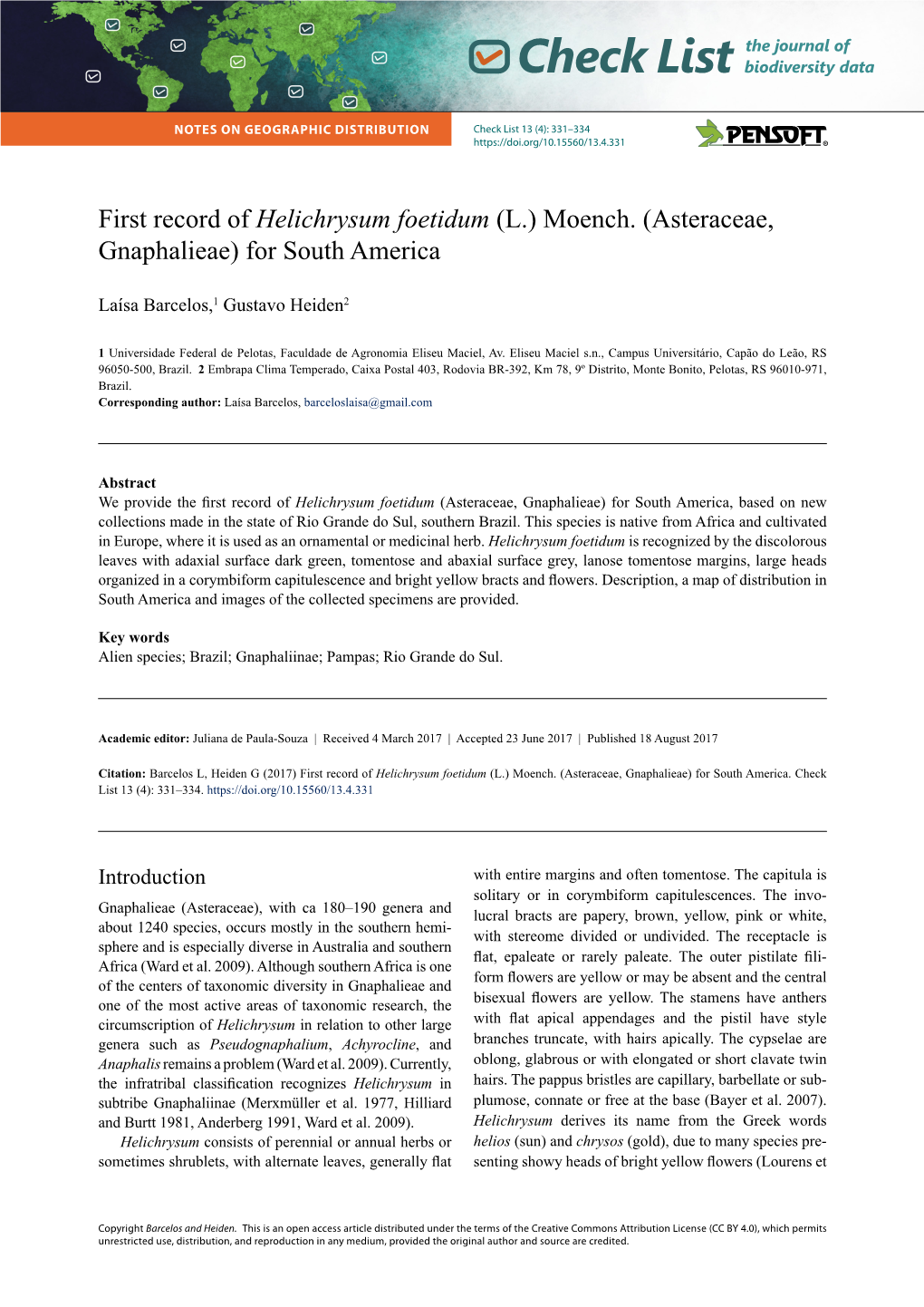 First Record of Helichrysum Foetidum (L.) Moench. (Asteraceae, Gnaphalieae) for South America