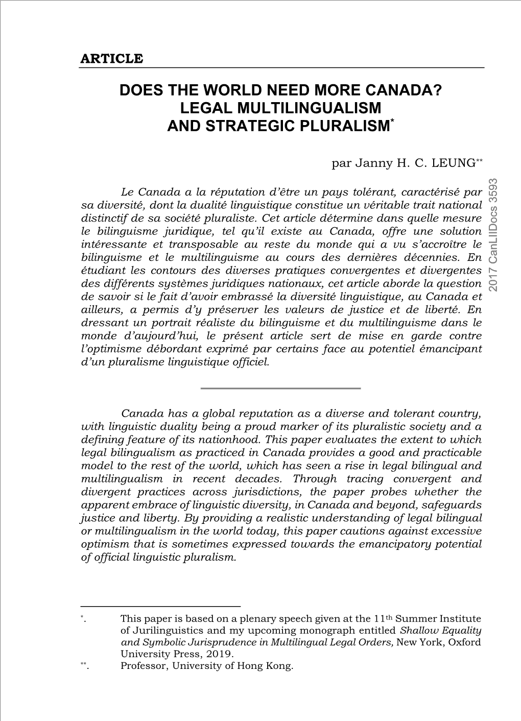 Does the World Need More Canada? Legal Multilingualism and Strategic Pluralism*