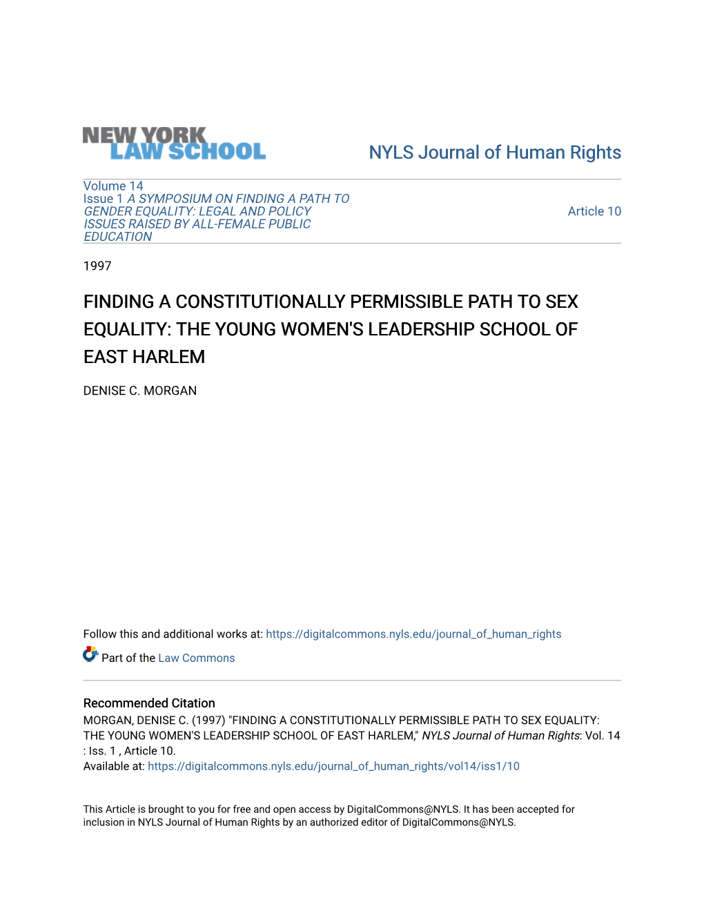 Finding a Constitutionally Permissible Path to Sex Equality: the Young Women's Leadership School of East Harlem