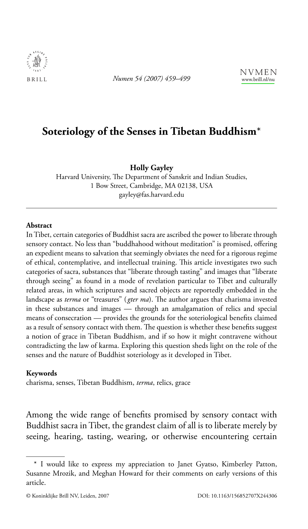 Soteriology of the Senses in Tibetan Buddhism*