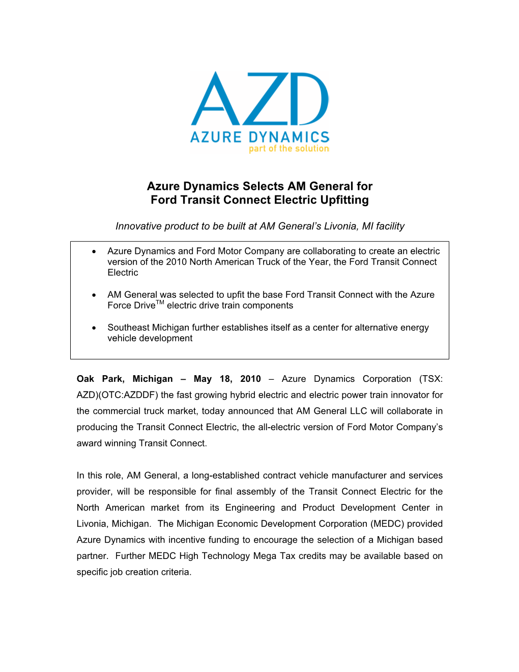 Azure Dynamics Selects AM General for Ford Transit Connect Electric Upfitting