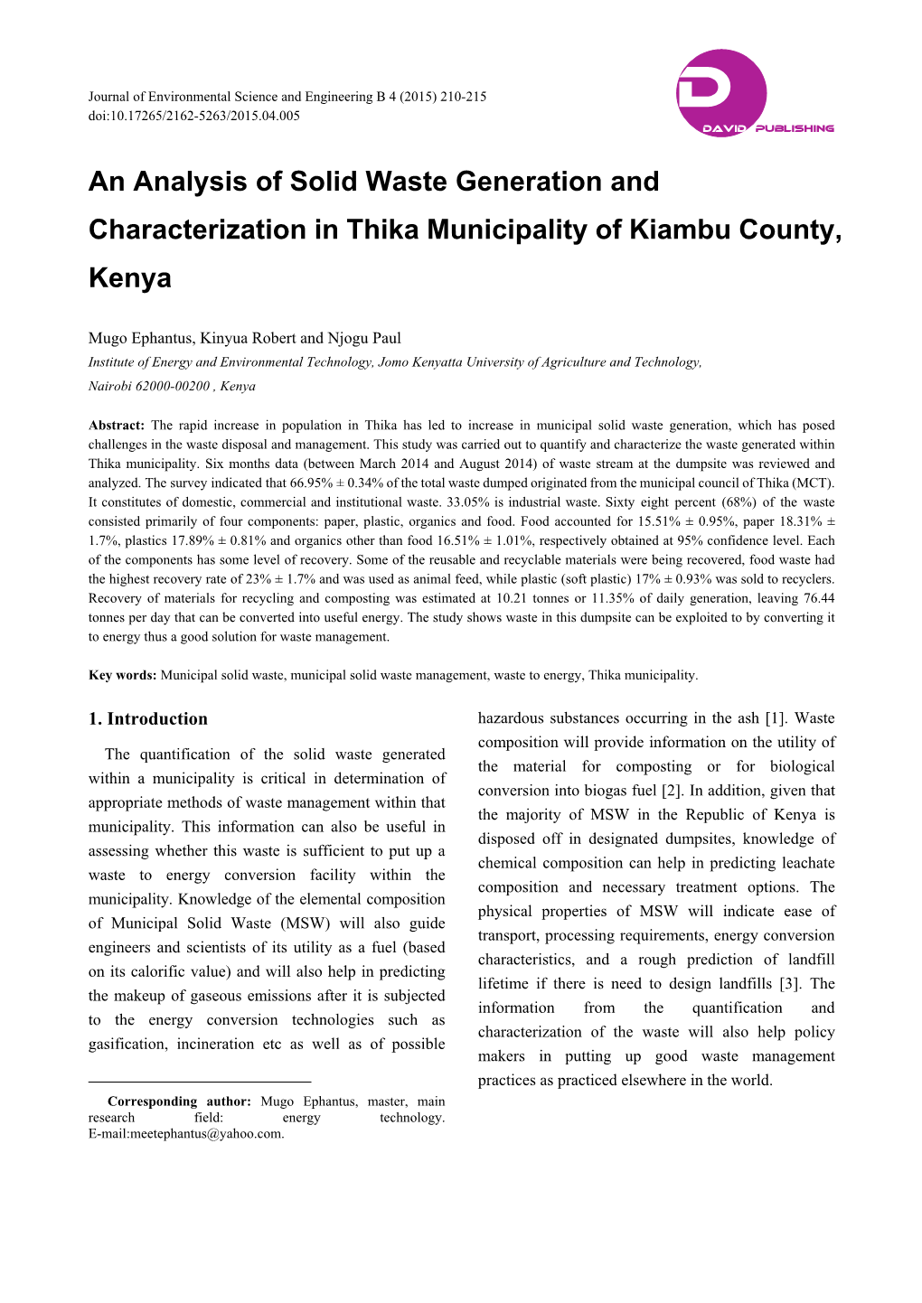 An Analysis of Solid Waste Generation and Characterization in Thika Municipality of Kiambu County, Kenya