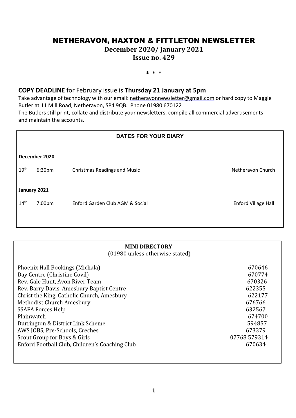 NETHERAVON, HAXTON & FITTLETON NEWSLETTER December 2020/ January 2021 Issue No. 429 * * * COPY DEADLINE for February Issu