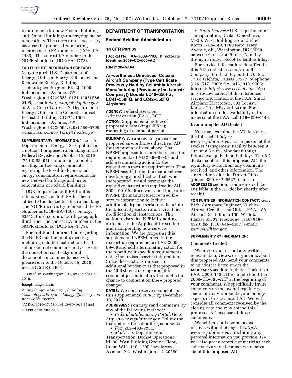 Cessna Aircraft Company on the Determination of the Cost to the Cessna Has Issued Single Engine (Cessna) Models LC40–550FG, LC41– Public