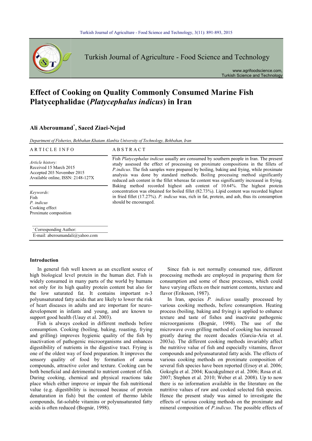 Effect of Cooking on Quality Commonly Consumed Marine Fish Platycephalidae (Platycephalus Indicus) in Iran