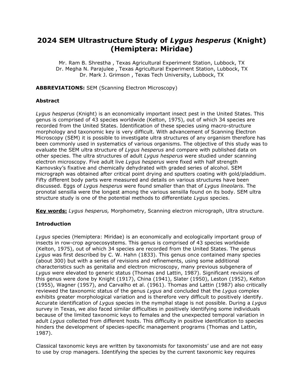 2024 SEM Ultrastructure Study of Lygus Hesperus (Knight) (Hemiptera: Miridae)