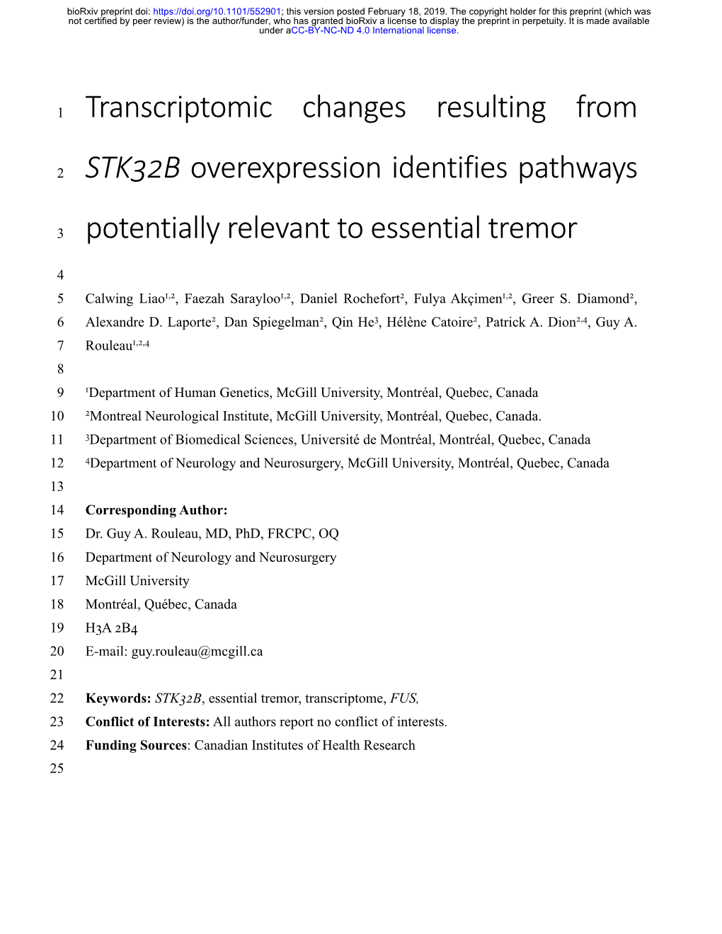 Transcriptomic Changes Resulting from STK32B Overexpression Identifies Pathways Potentially Relevant to Essential Tremor
