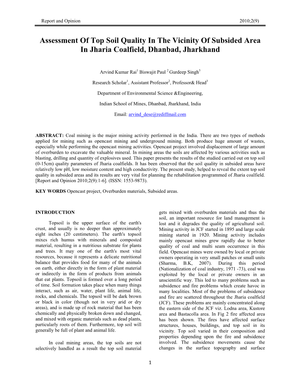 Assessment of Top Soil Quality in the Vicinity of Subsided Area in Jharia Coalfield, Dhanbad, Jharkhand