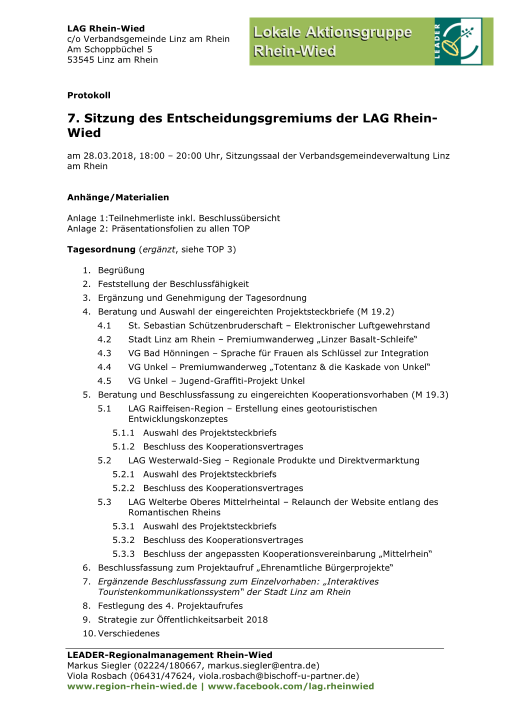 7. Sitzung Des Entscheidungsgremiums Der LAG Rhein- Wied Am 28.03.2018, 18:00 – 20:00 Uhr, Sitzungssaal Der Verbandsgemeindeverwaltung Linz Am Rhein