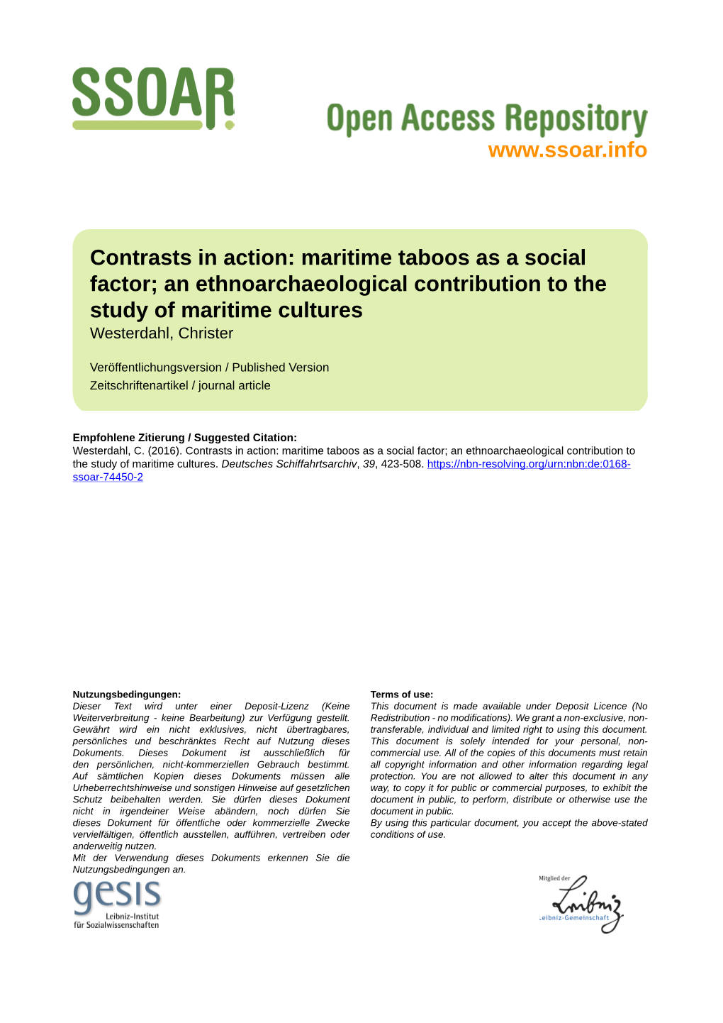 Maritime Taboos As a Social Factor; an Ethnoarchaeological Contribution to the Study of Maritime Cultures Westerdahl, Christer