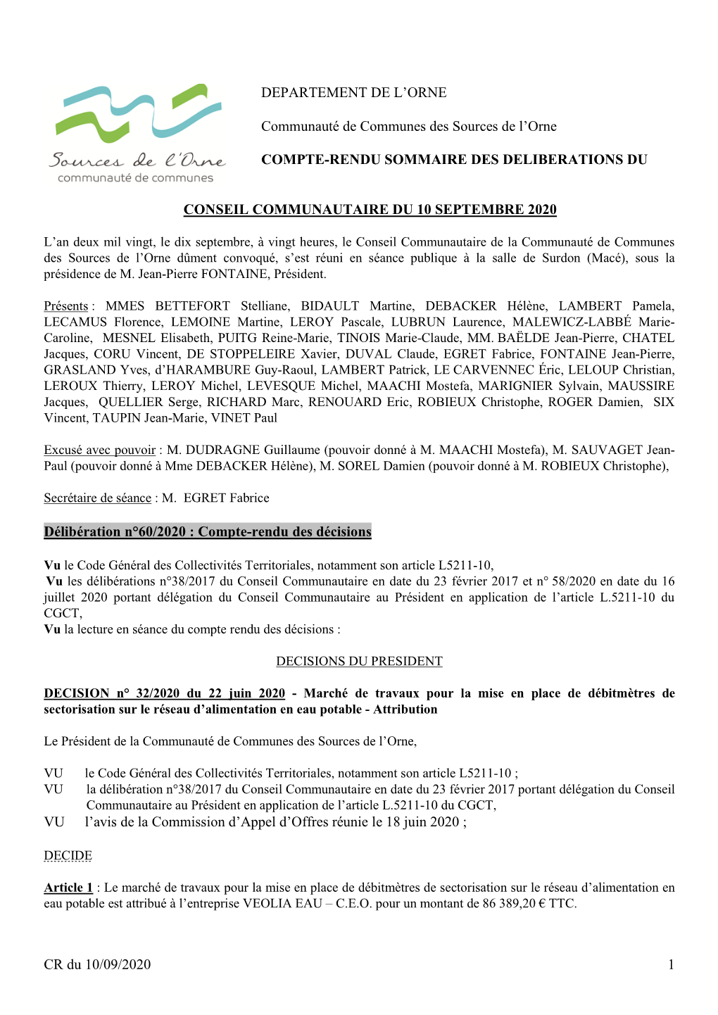 CR Du 10/09/2020 1 DEPARTEMENT DE L'orne Communauté De