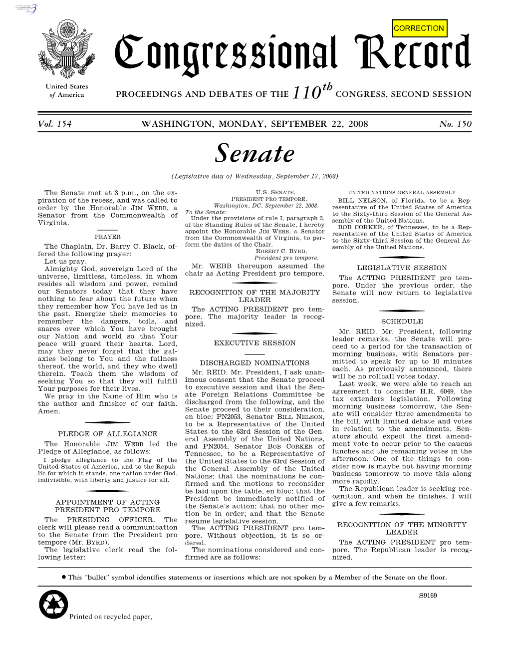 Congressional Record United States Th of America PROCEEDINGS and DEBATES of the 110 CONGRESS, SECOND SESSION