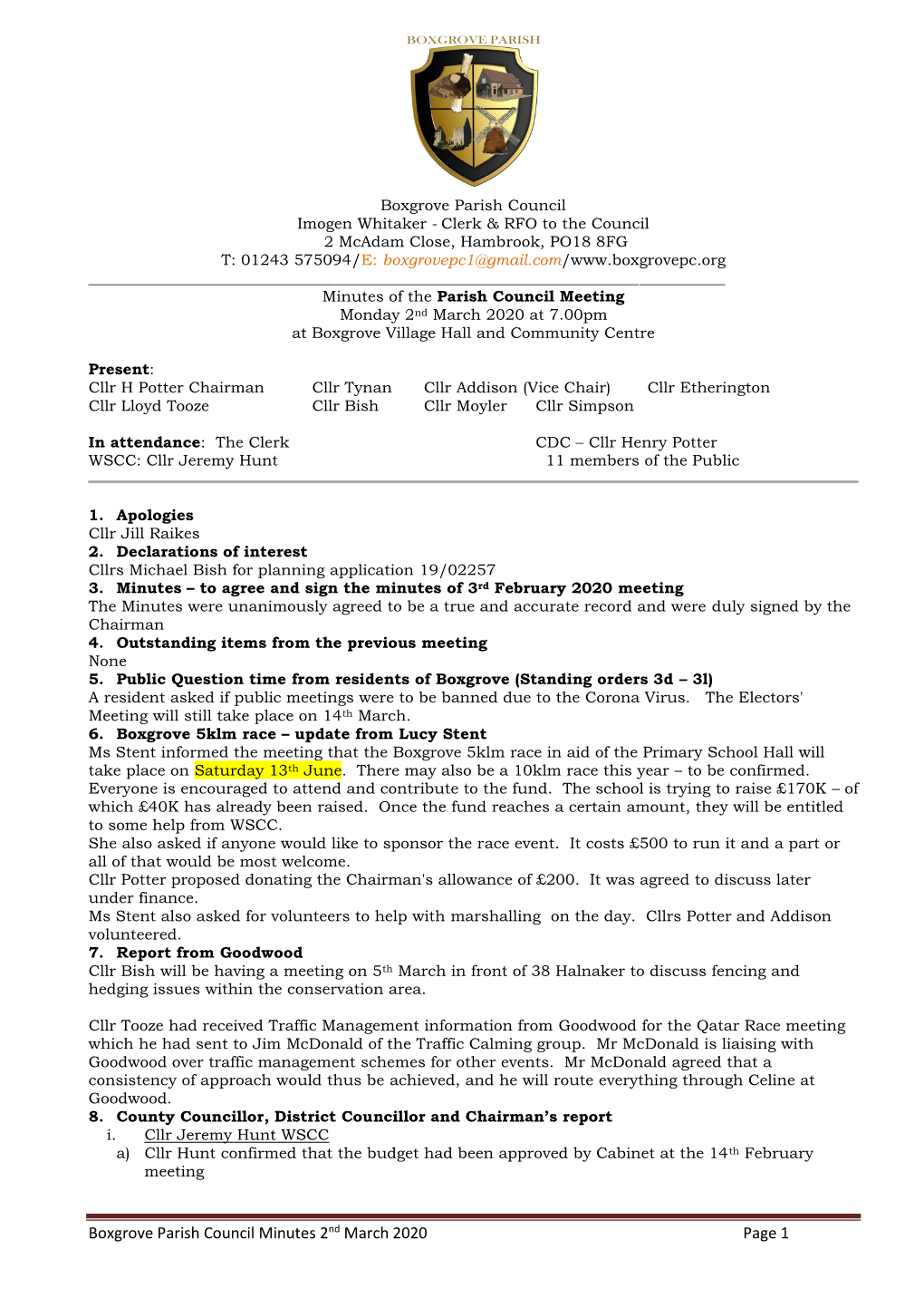 Boxgrove Parish Council Minutes 2Nd March 2020 Page 1