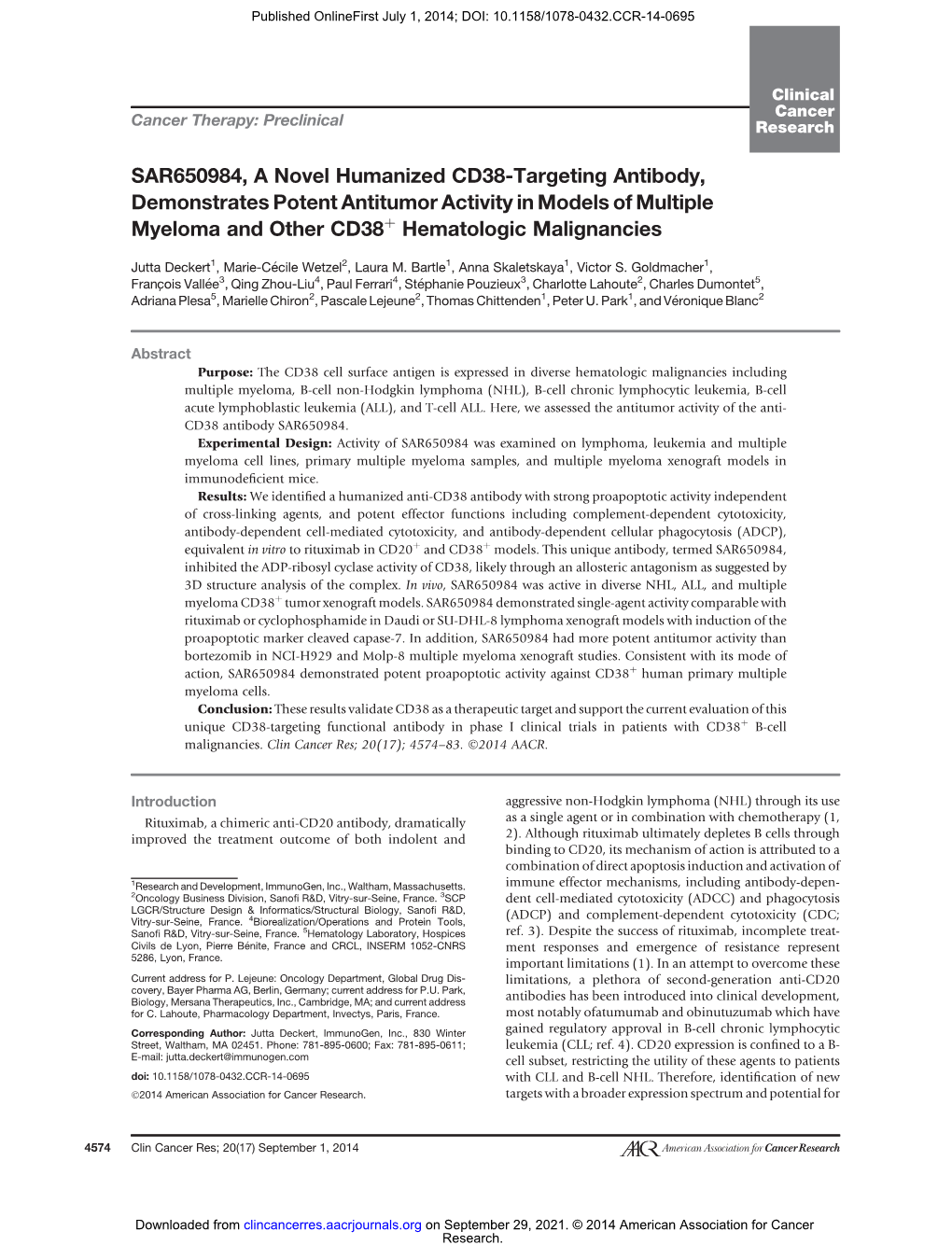 SAR650984, a Novel Humanized CD38-Targeting Antibody, Demonstrates Potent Antitumor Activity in Models of Multiple Myeloma and Other Cd38þ Hematologic Malignancies