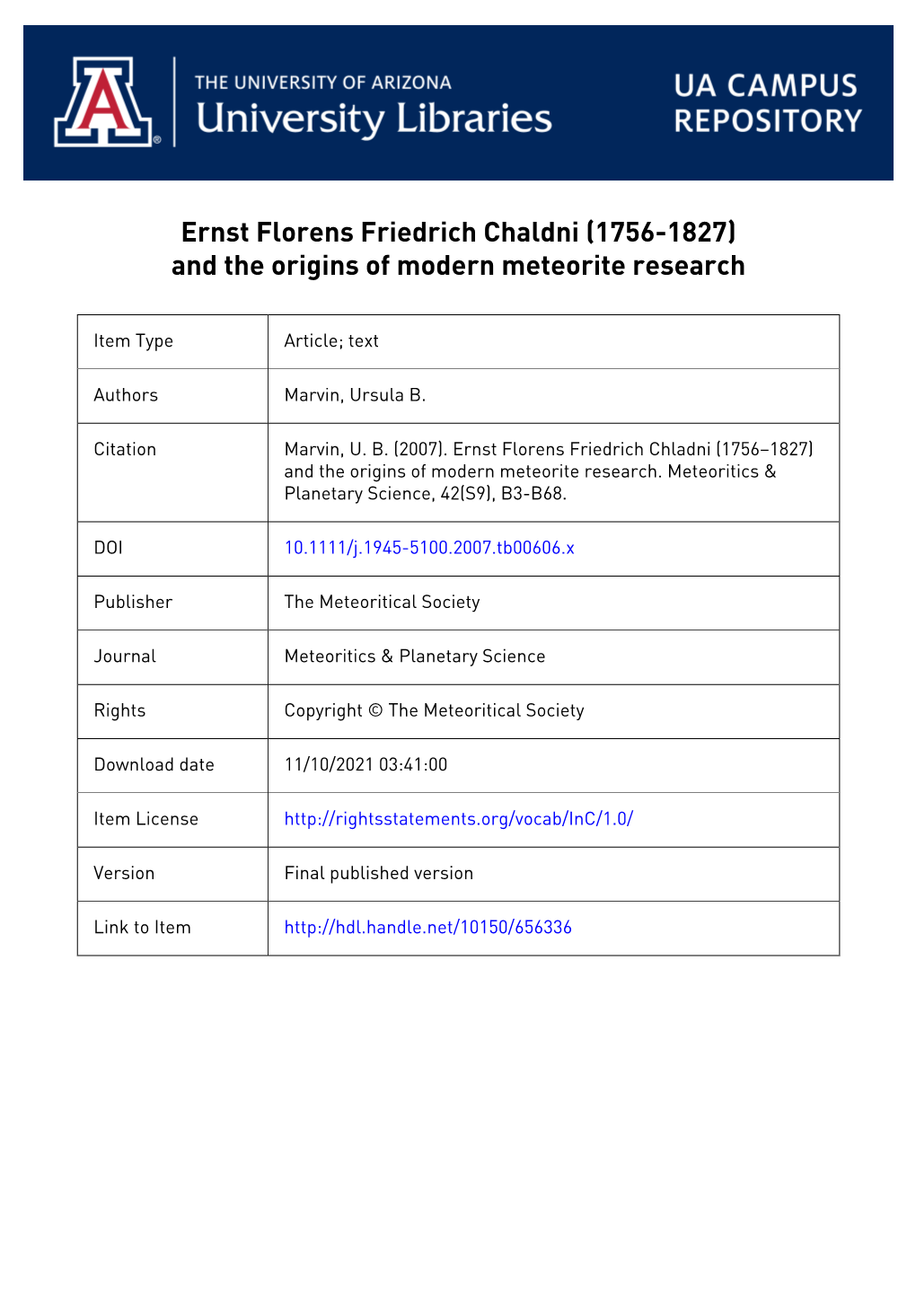 Ernst Florens Friedrich Chladni (1756–1827) and the Origins of Modern Meteorite Research