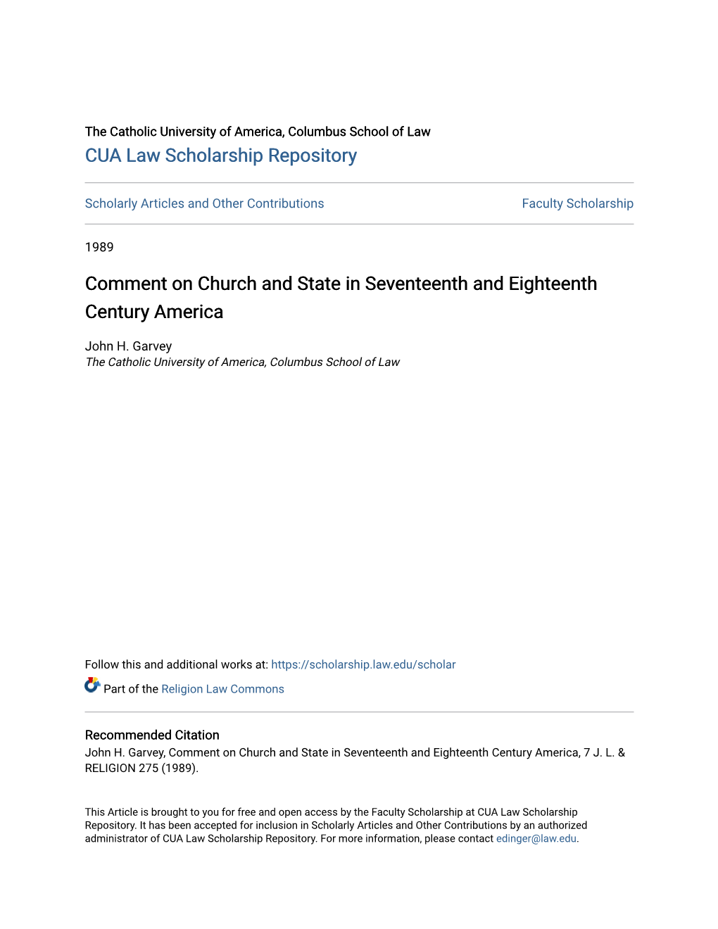 Comment on Church and State in Seventeenth and Eighteenth Century America