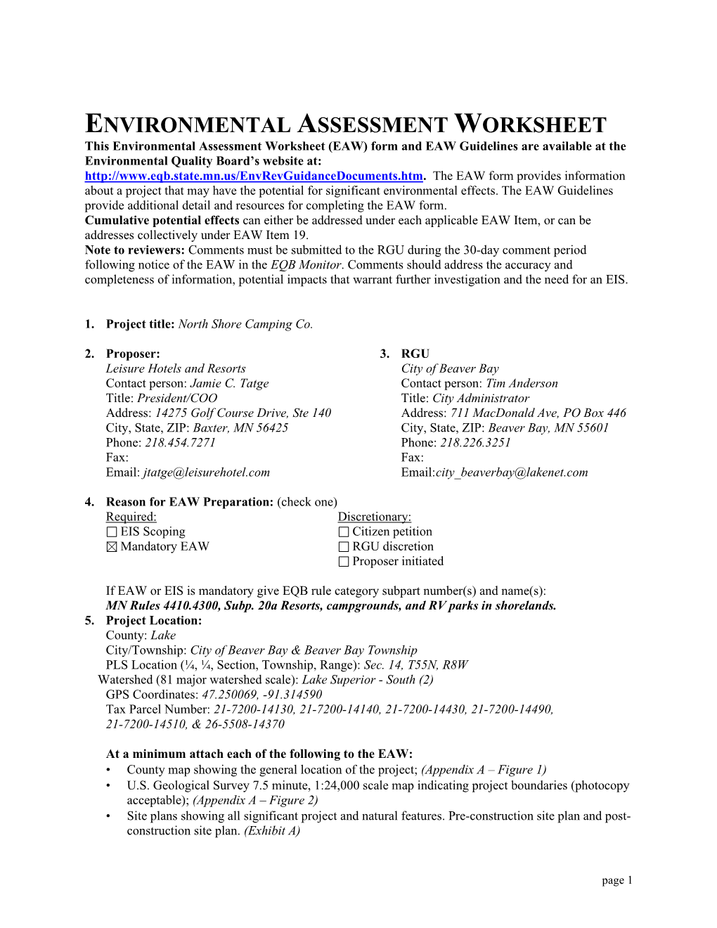 Environmental Assessment Worksheet